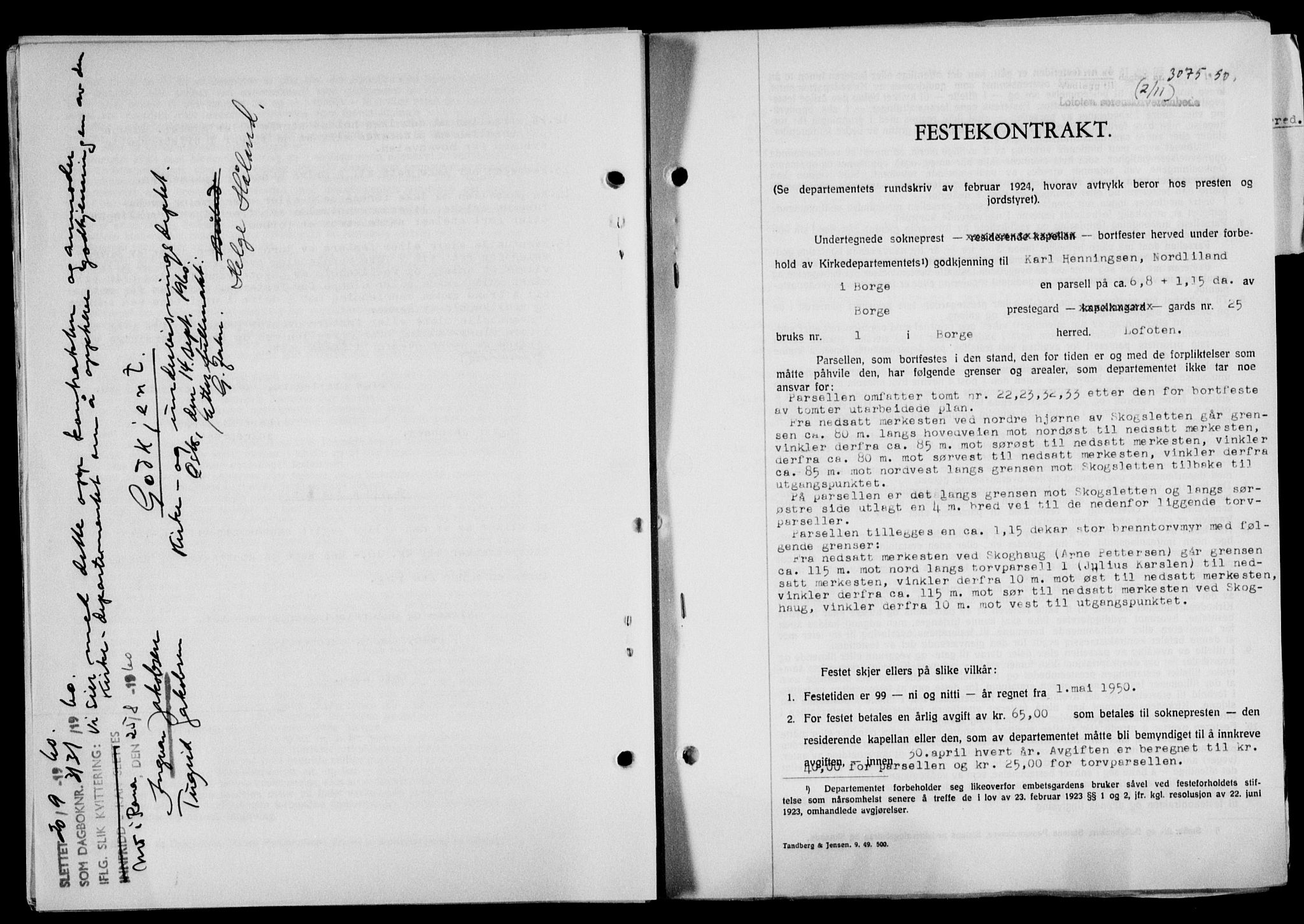 Lofoten sorenskriveri, SAT/A-0017/1/2/2C/L0024a: Mortgage book no. 24a, 1950-1950, Diary no: : 3075/1950