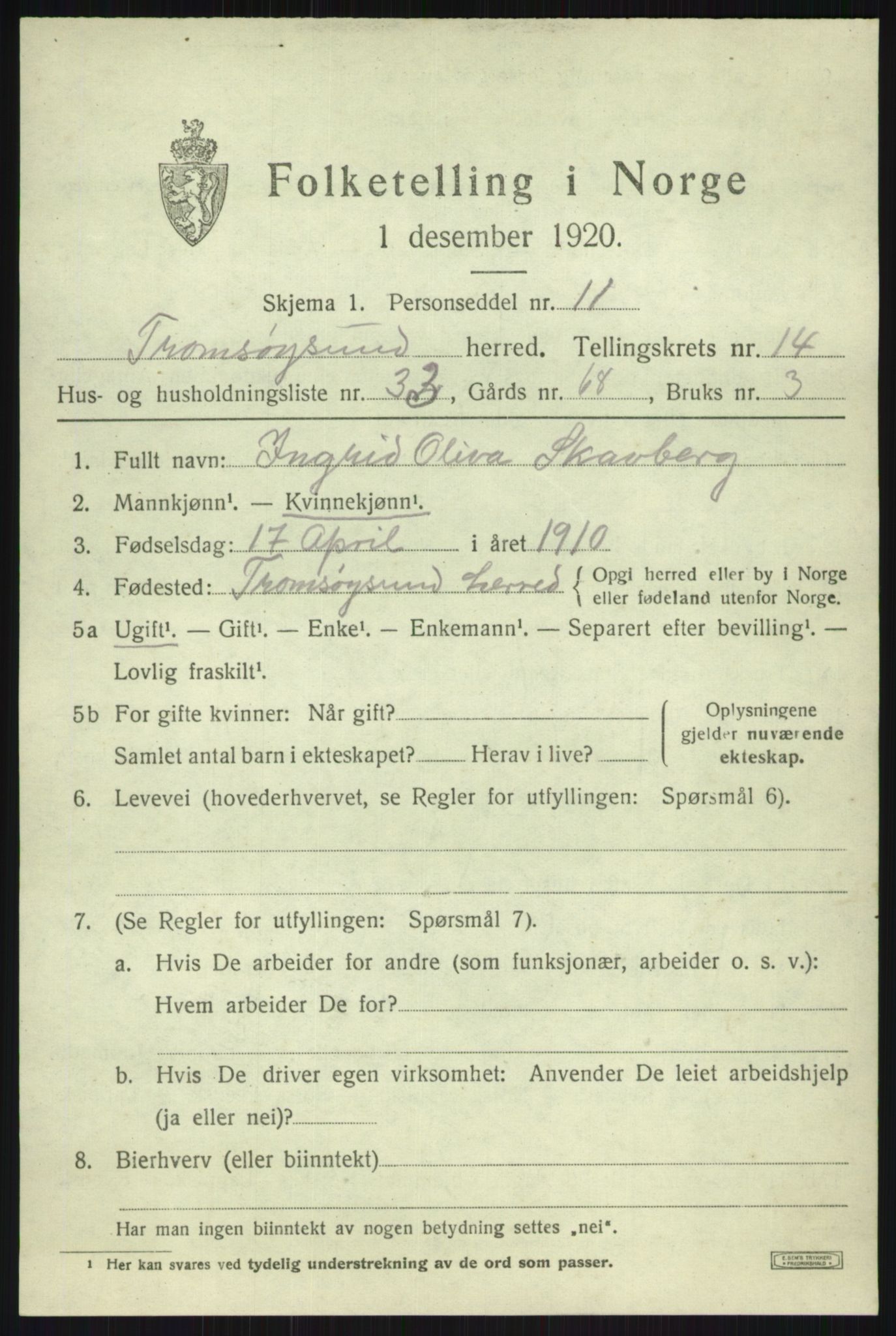 SATØ, 1920 census for Tromsøysund, 1920, p. 8908