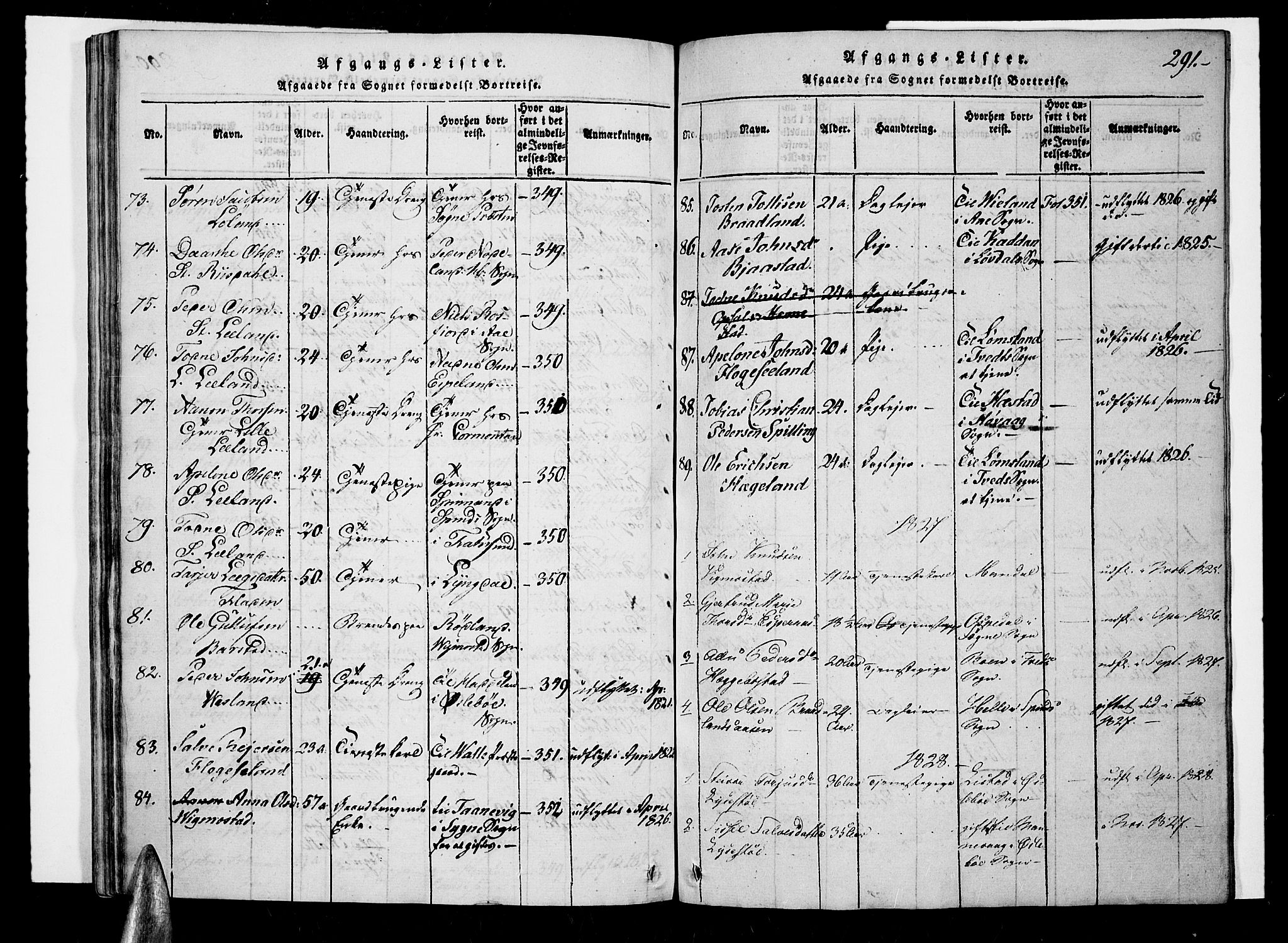 Nord-Audnedal sokneprestkontor, SAK/1111-0032/F/Fa/Fab/L0001: Parish register (official) no. A 1, 1816-1858, p. 291