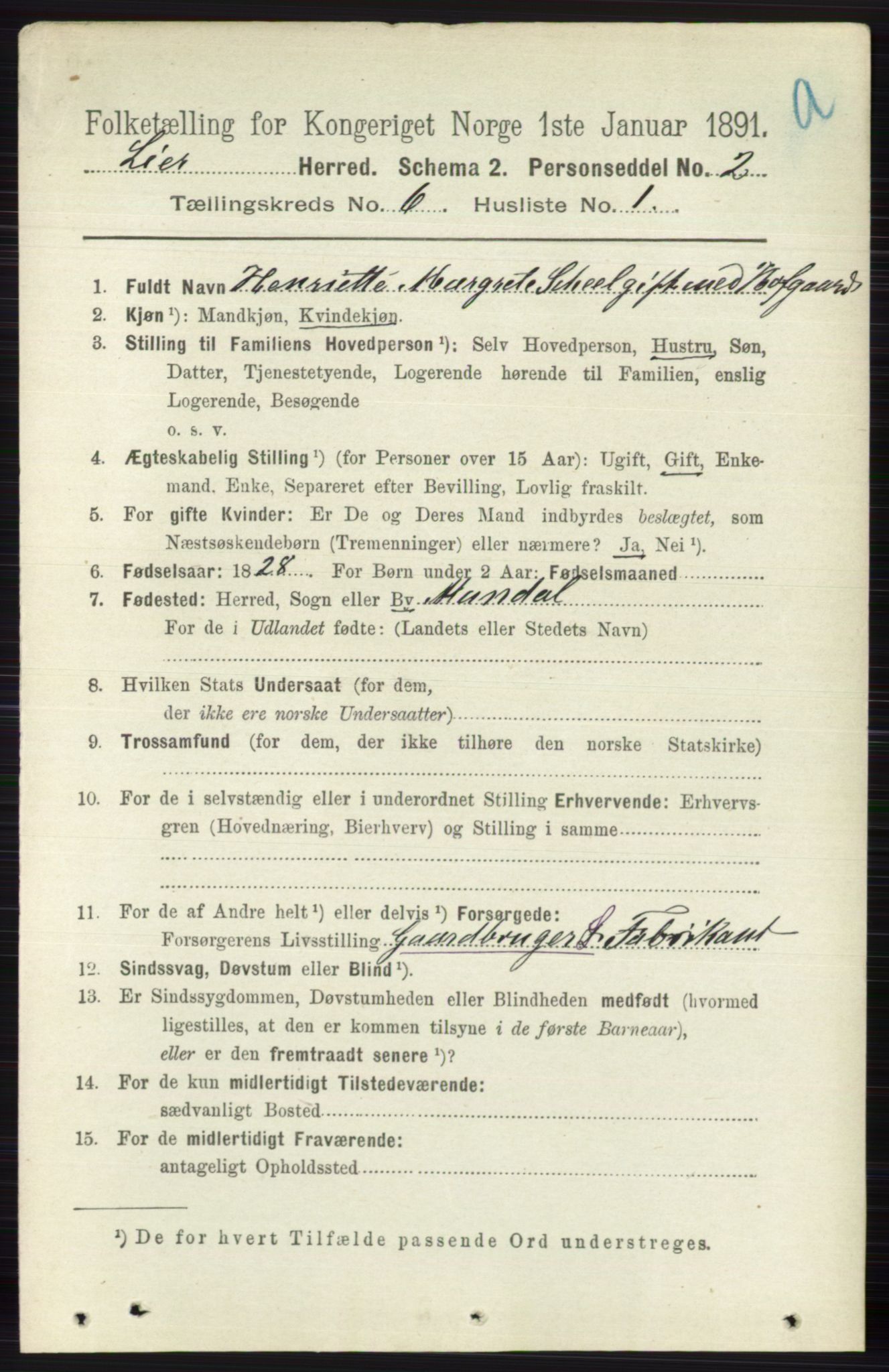 RA, 1891 census for 0626 Lier, 1891, p. 3761