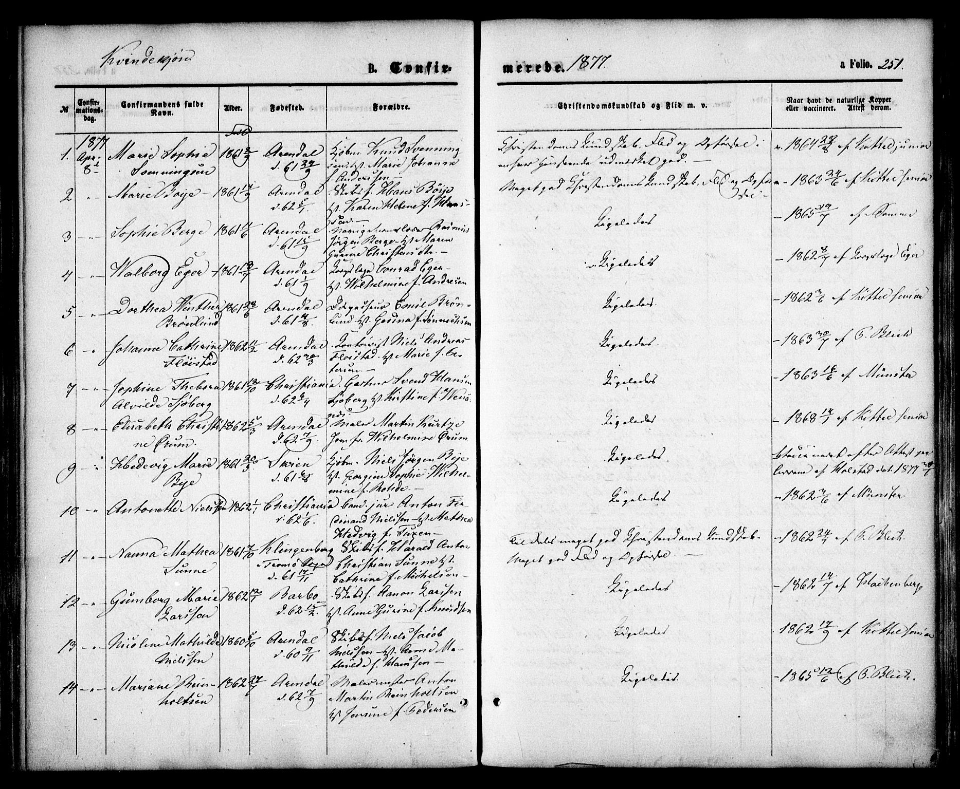 Arendal sokneprestkontor, Trefoldighet, SAK/1111-0040/F/Fa/L0007: Parish register (official) no. A 7, 1868-1878, p. 251