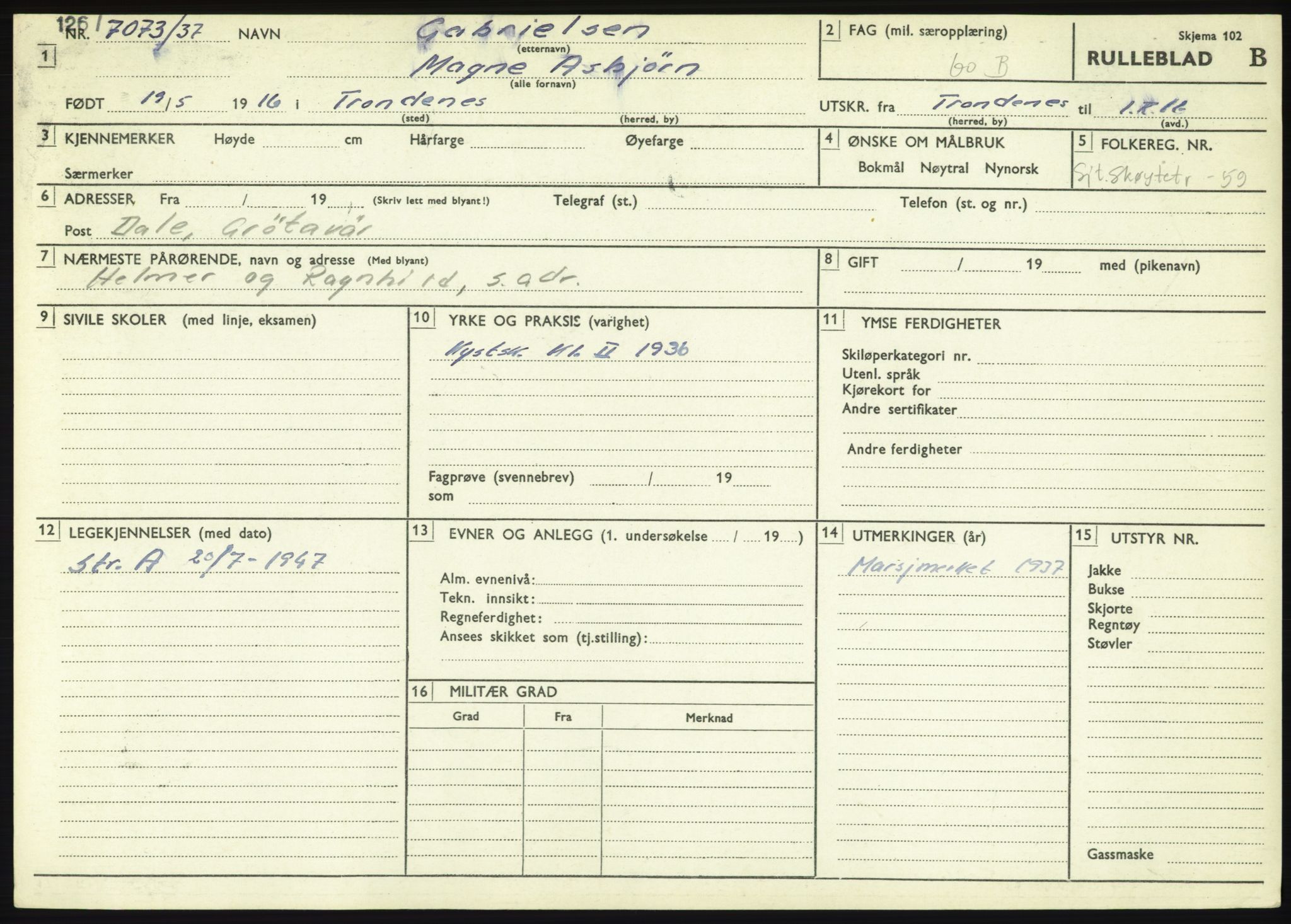 Forsvaret, Troms infanteriregiment nr. 16, AV/RA-RAFA-3146/P/Pa/L0021: Rulleblad for regimentets menige mannskaper, årsklasse 1937, 1937, p. 203