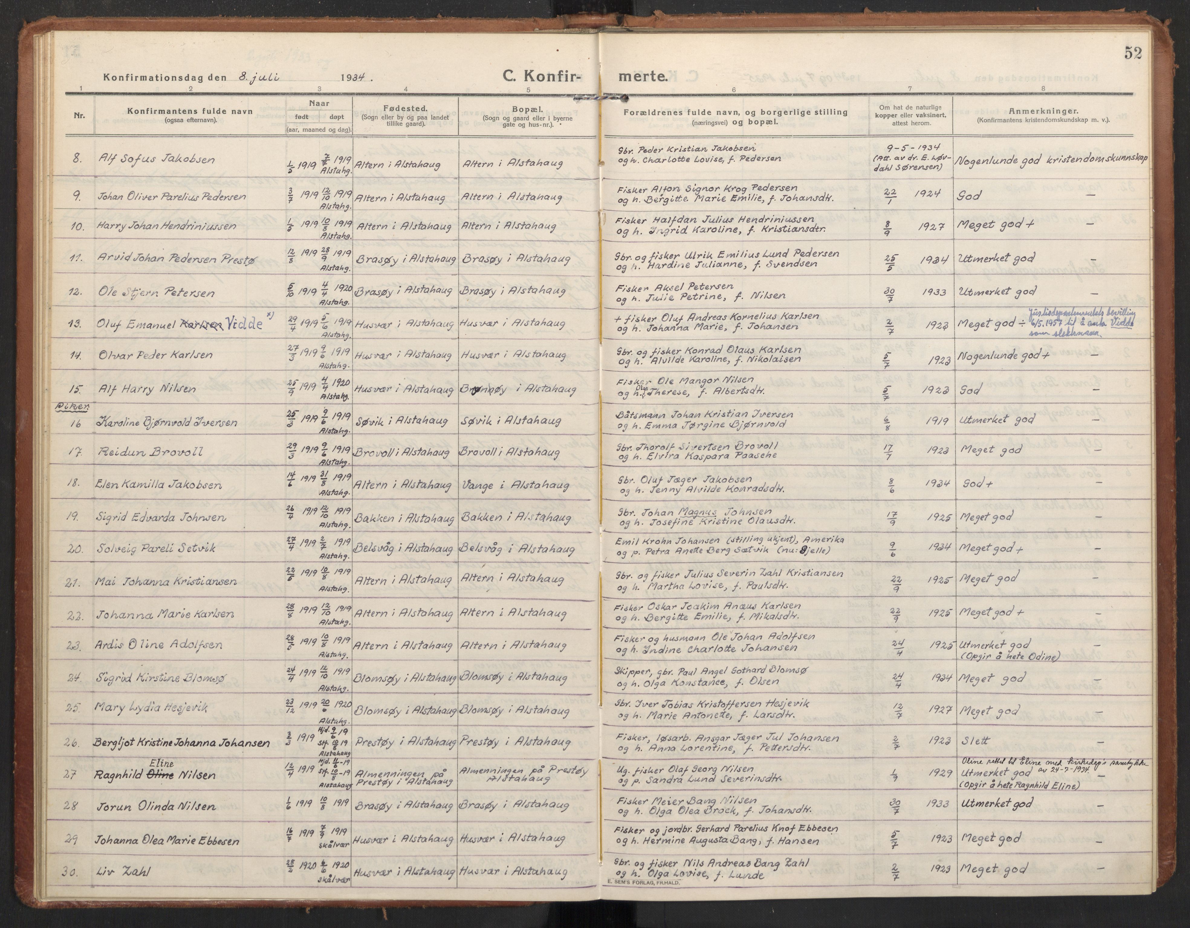 Ministerialprotokoller, klokkerbøker og fødselsregistre - Nordland, AV/SAT-A-1459/830/L0456: Parish register (official) no. 830A20, 1914-1937, p. 52