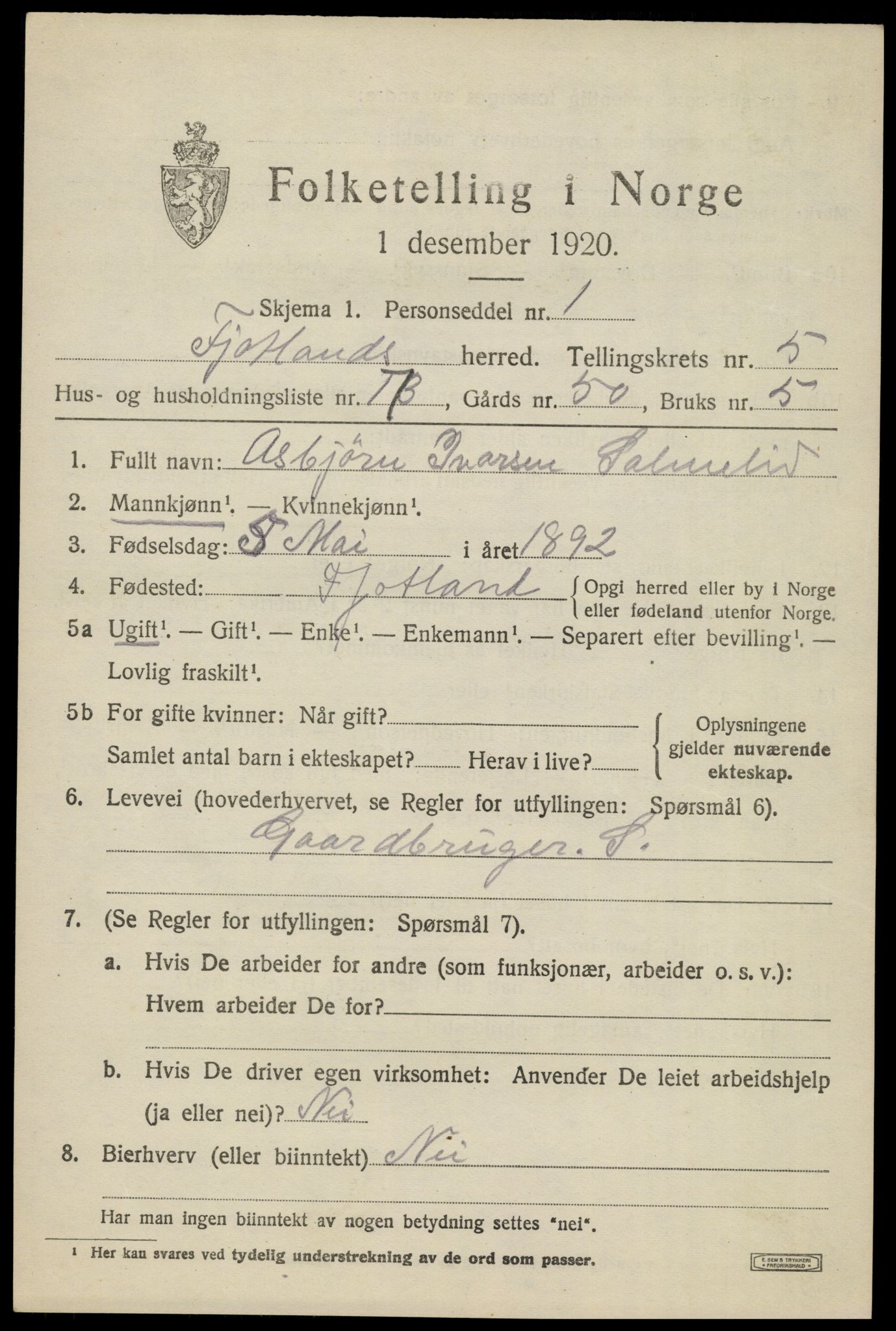 SAK, 1920 census for Fjotland, 1920, p. 1594