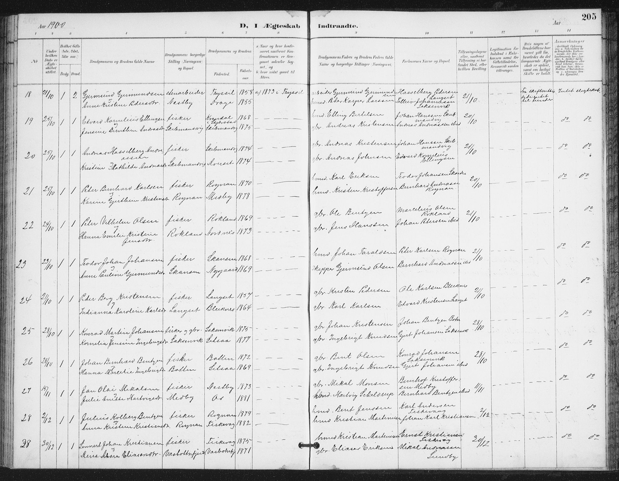 Ministerialprotokoller, klokkerbøker og fødselsregistre - Nordland, SAT/A-1459/847/L0682: Parish register (copy) no. 847C10, 1889-1907, p. 205
