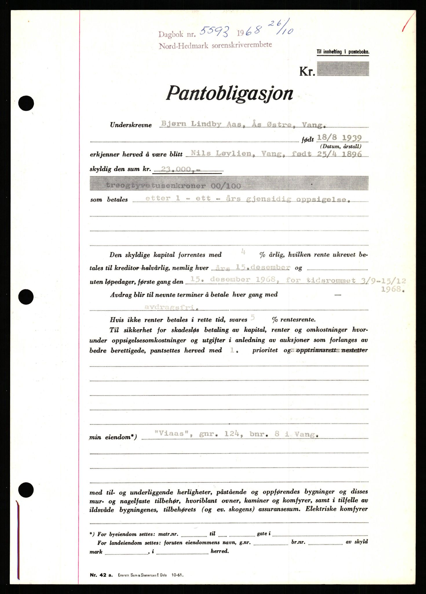 Nord-Hedmark sorenskriveri, SAH/TING-012/H/Hb/Hbf/L0077: Mortgage book no. B77, 1968-1969, Diary no: : 5593/1968