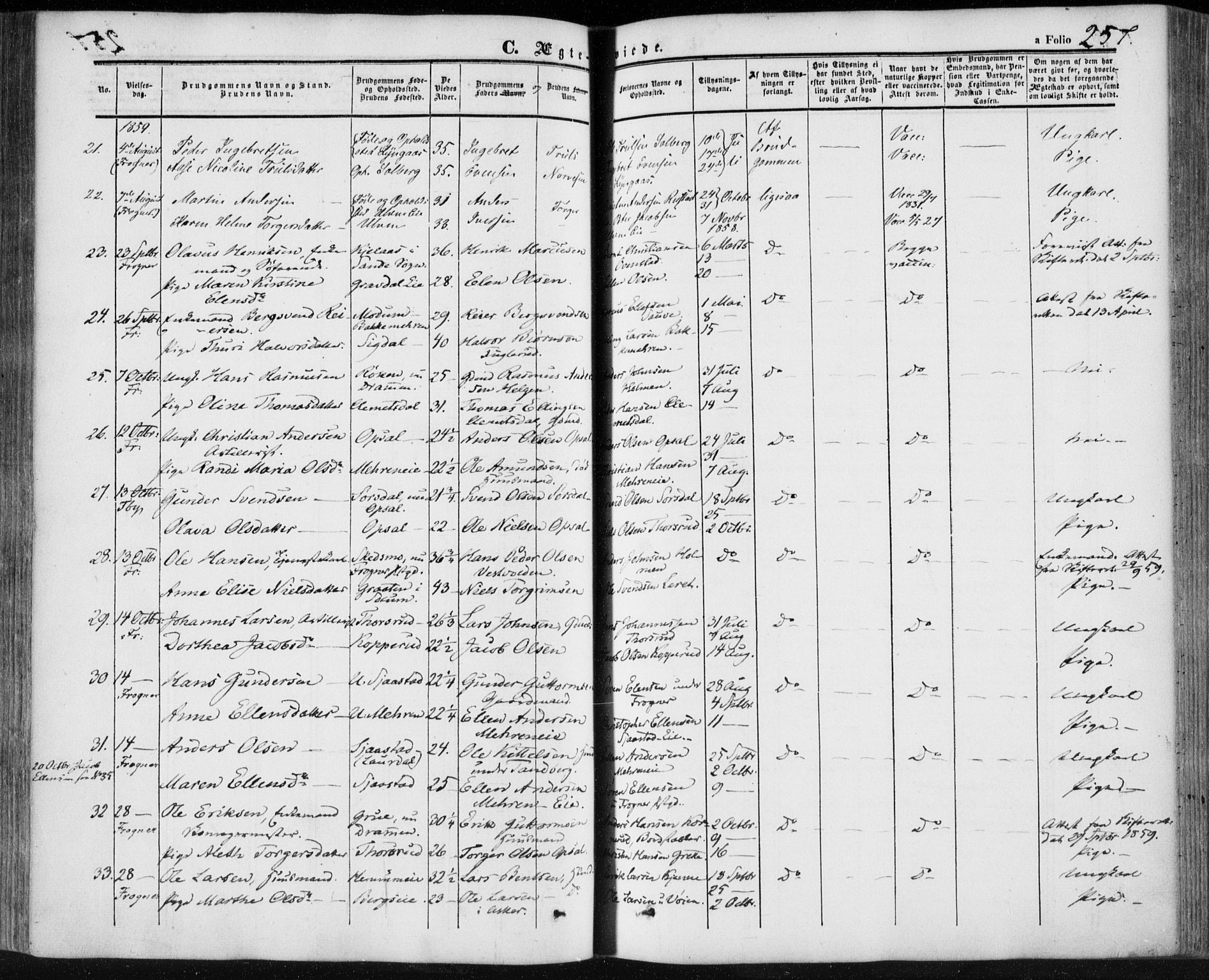 Lier kirkebøker, SAKO/A-230/F/Fa/L0012: Parish register (official) no. I 12, 1854-1864, p. 257