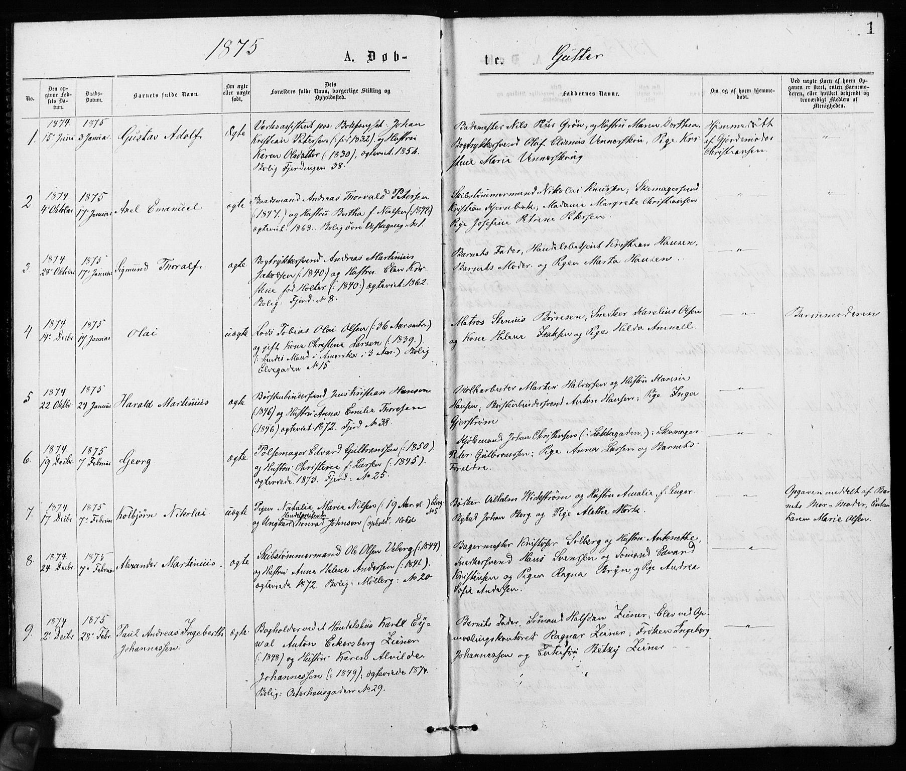Jakob prestekontor Kirkebøker, SAO/A-10850/F/Fa/L0001: Parish register (official) no. 1, 1875-1924, p. 1
