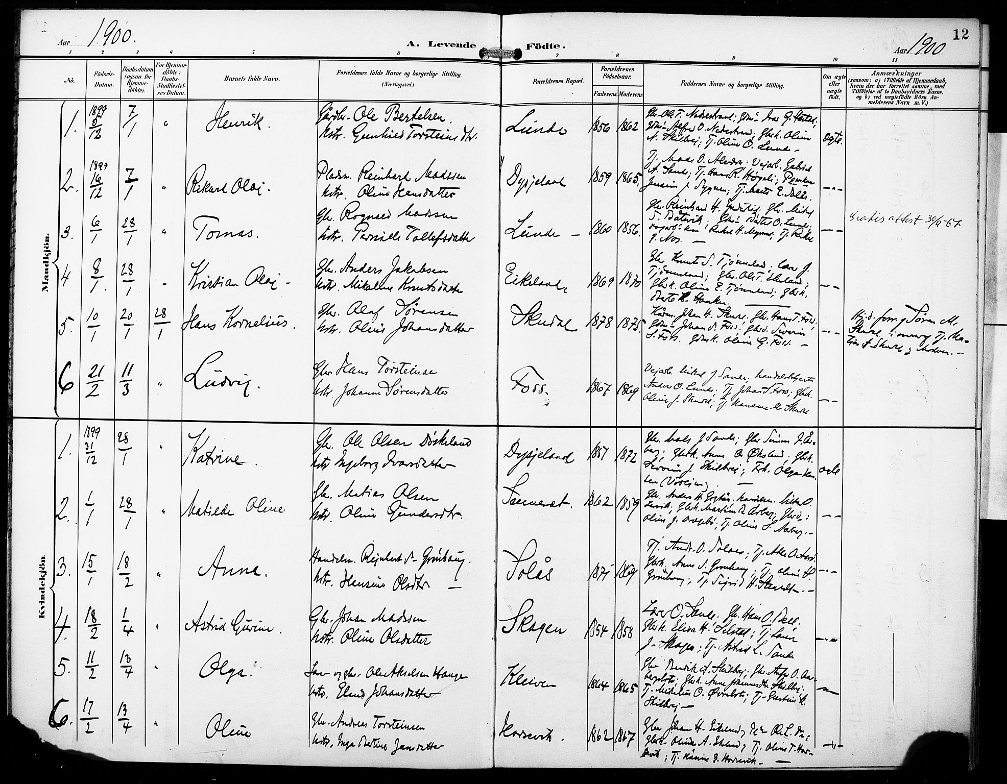 Gaular sokneprestembete, SAB/A-80001/H/Haa: Parish register (official) no. B 2, 1898-1911, p. 12