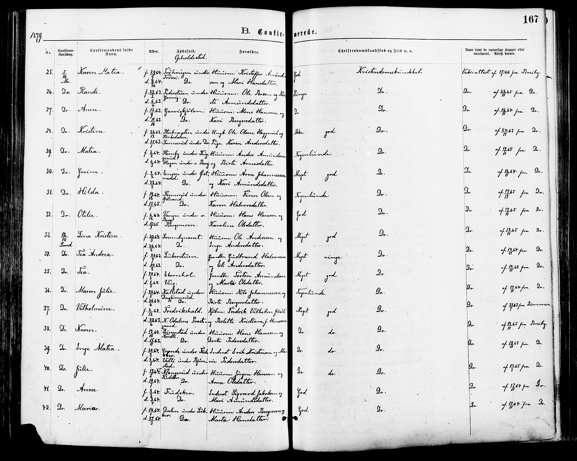 Nord-Odal prestekontor, SAH/PREST-032/H/Ha/Haa/L0005: Parish register (official) no. 5, 1874-1885, p. 167