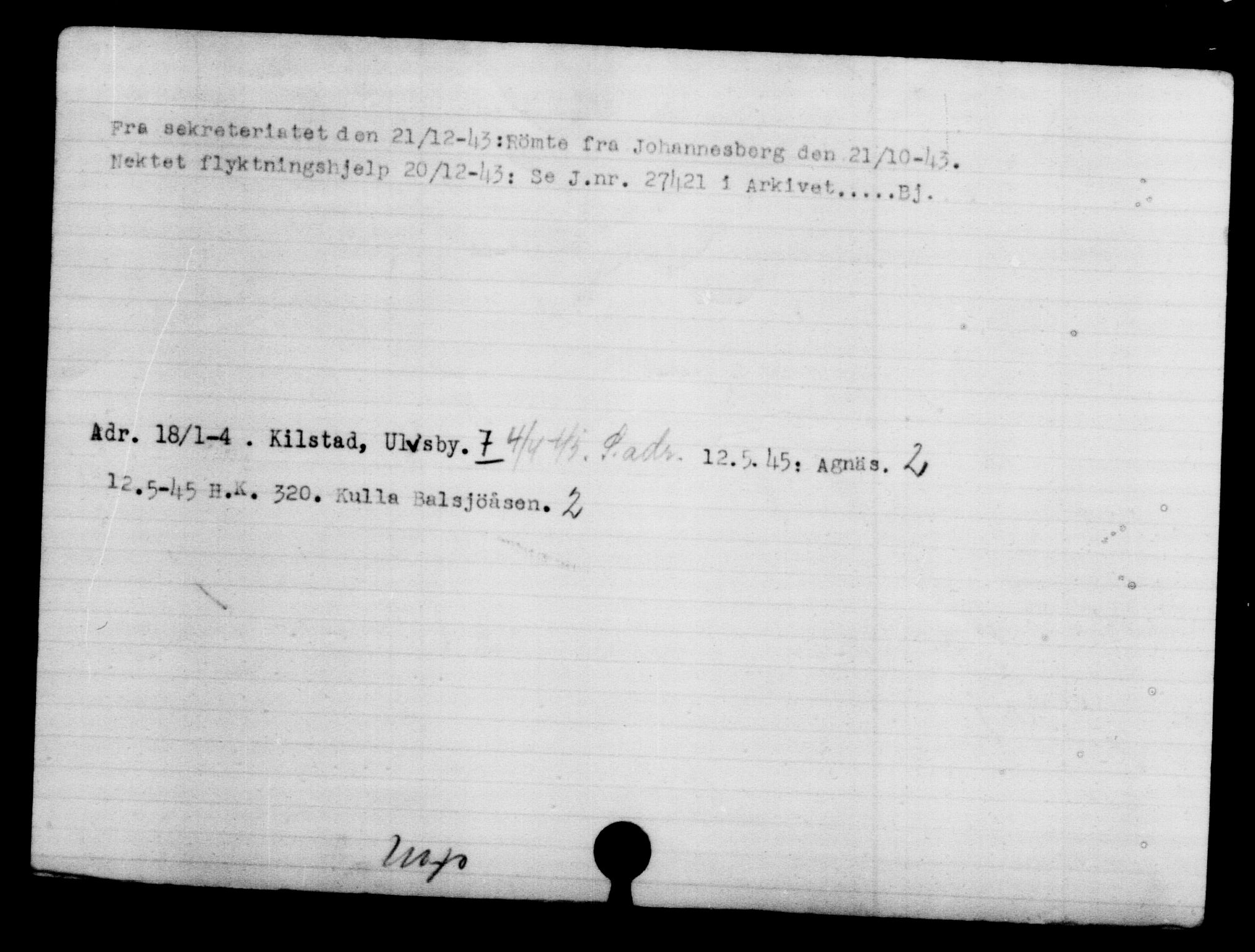 Utenriksstasjonene, Legasjonen i Stockholm, Flyktningkontoret, AV/RA-S-6753/V/Va/L0005: Kjesäterkartoteket, flyktninger med registreringsnr. 6600-9417, 1940-1945, p. 324