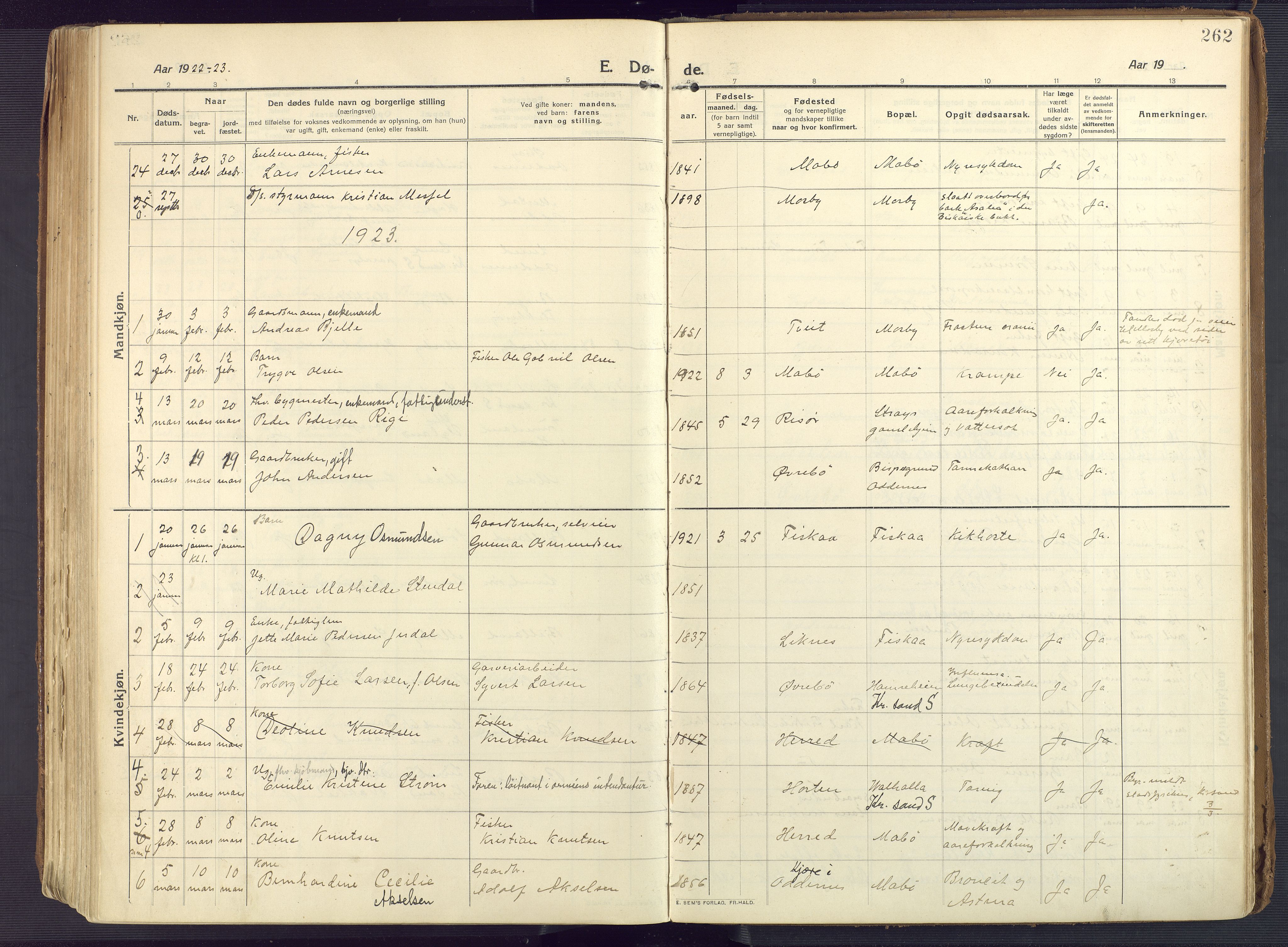 Oddernes sokneprestkontor, AV/SAK-1111-0033/F/Fa/Faa/L0012: Parish register (official) no. A 12, 1912-1925, p. 262