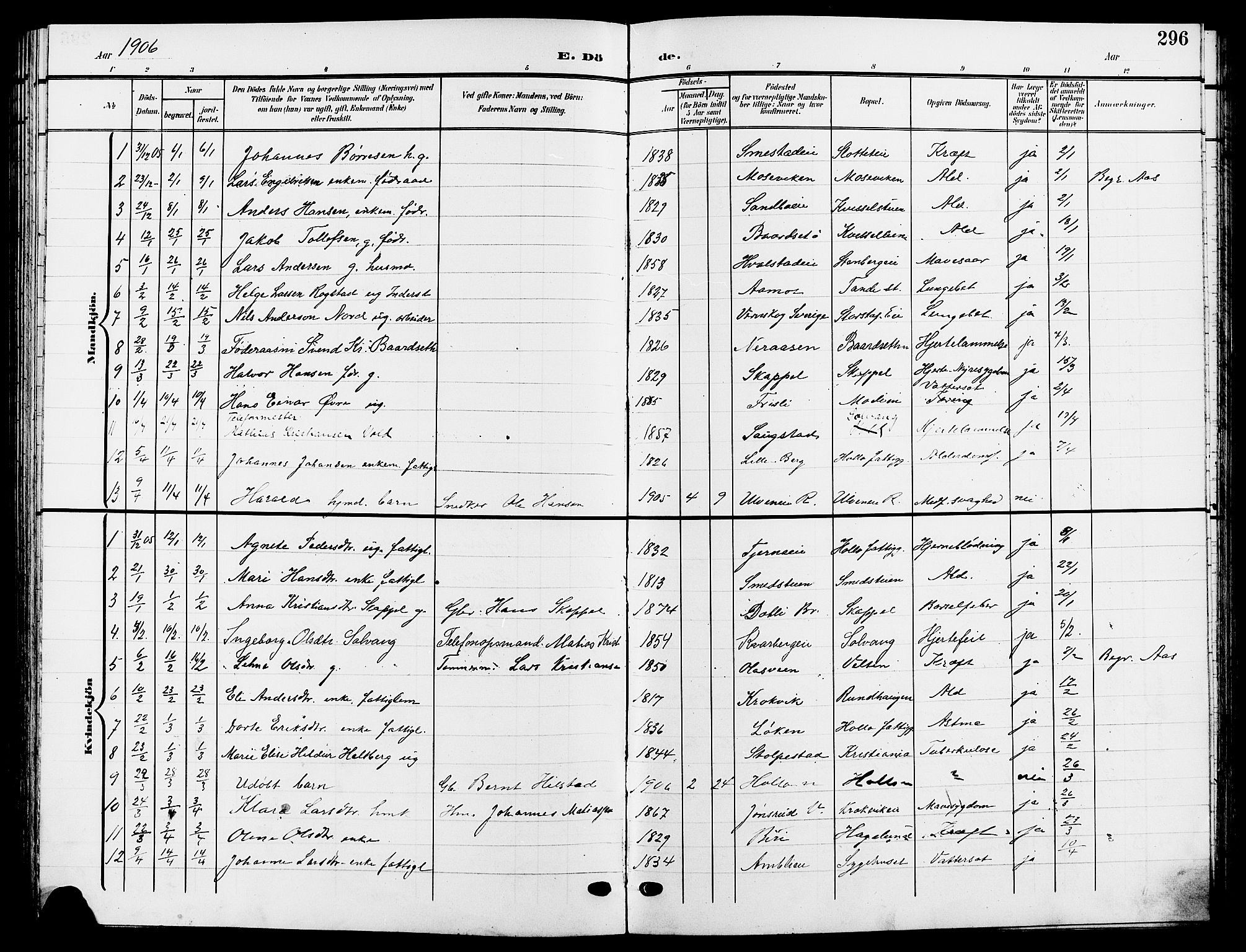 Ringsaker prestekontor, SAH/PREST-014/L/La/L0015: Parish register (copy) no. 15, 1903-1912, p. 296