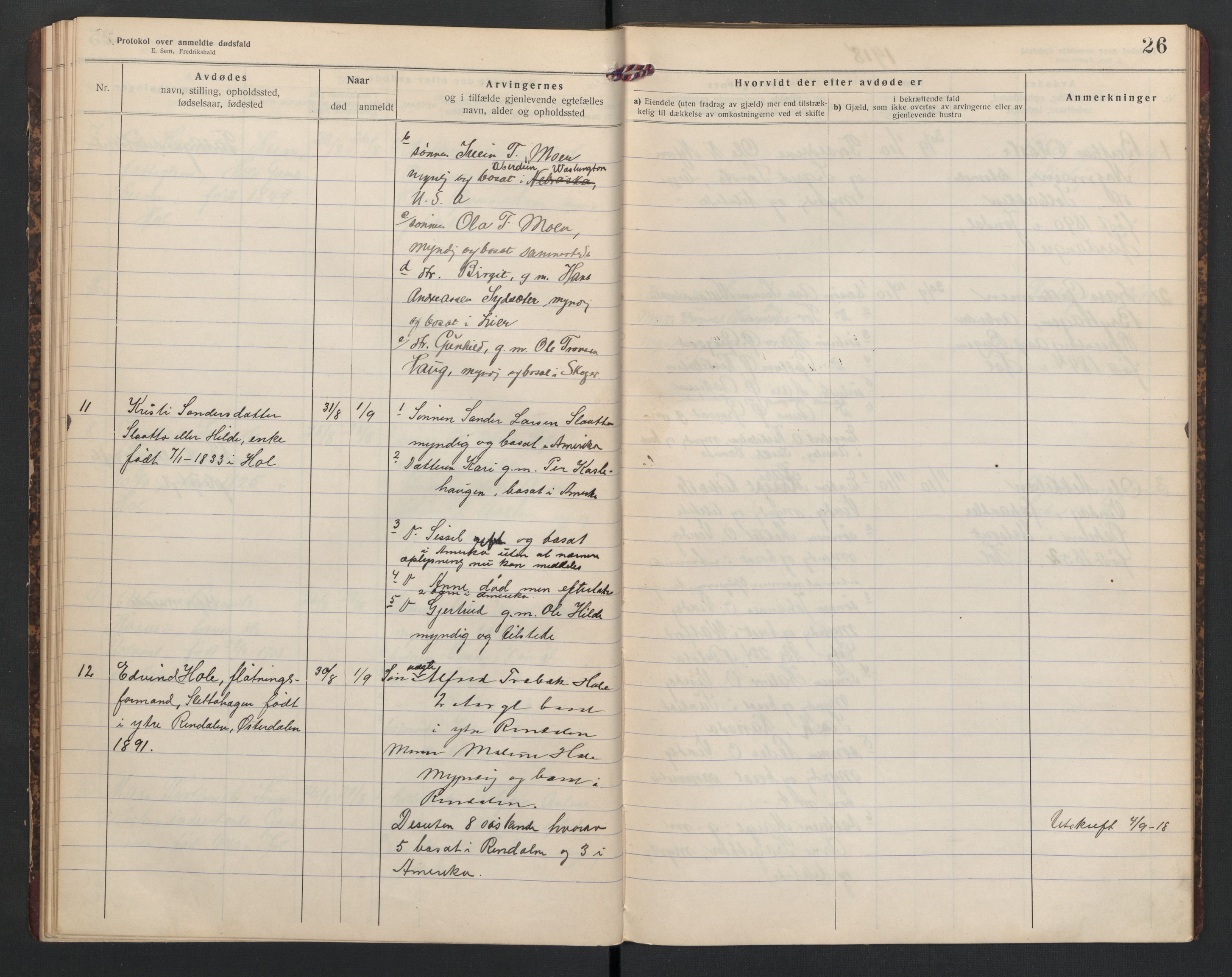 Hol lensmannskontor, AV/SAKO-A-512/H/Ha/L0005: Dødsanmeldelsesprotokoll, 1917-1924, p. 26