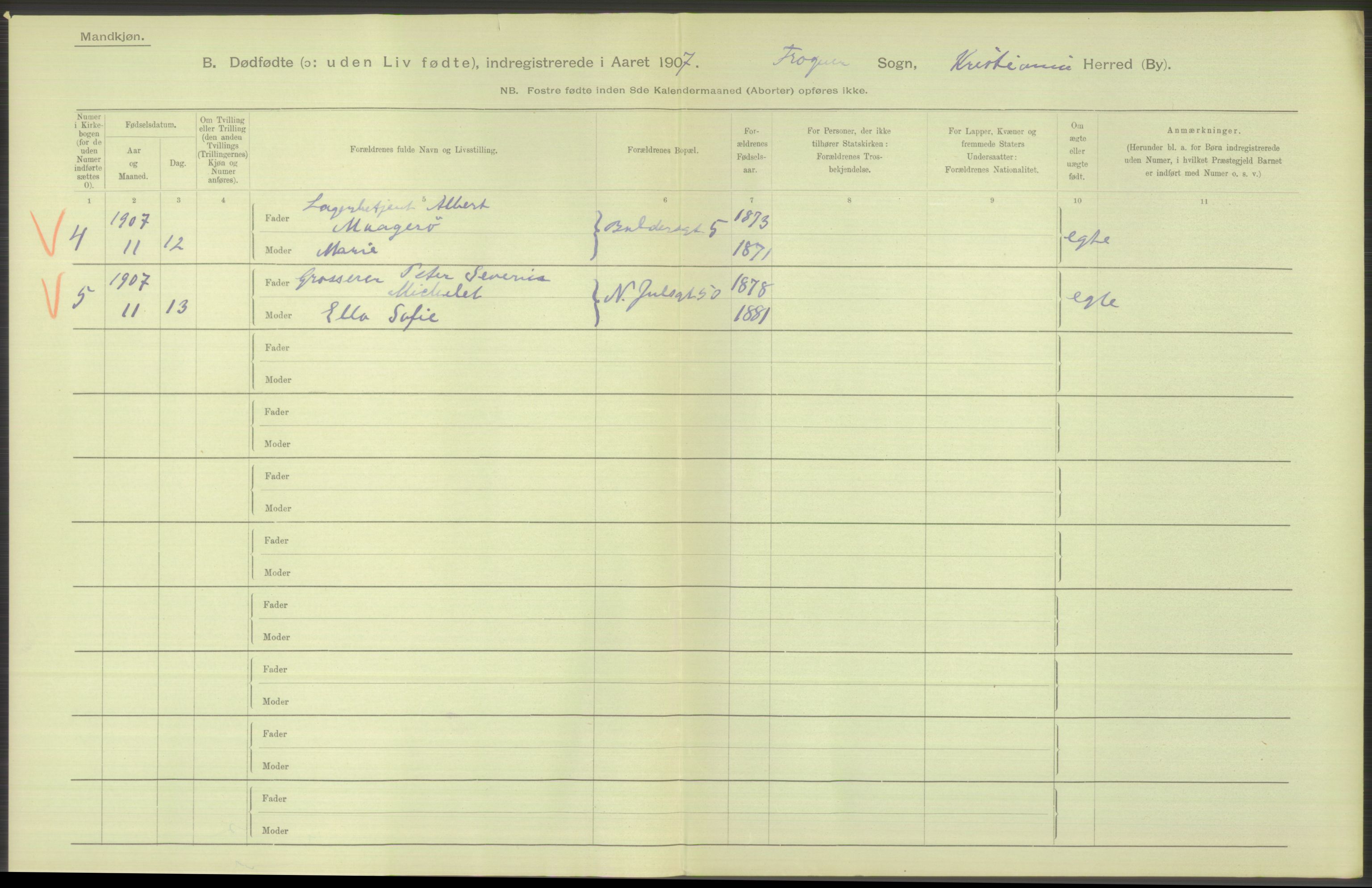 Statistisk sentralbyrå, Sosiodemografiske emner, Befolkning, RA/S-2228/D/Df/Dfa/Dfae/L0010: Kristiania: Døde, dødfødte, 1907, p. 52