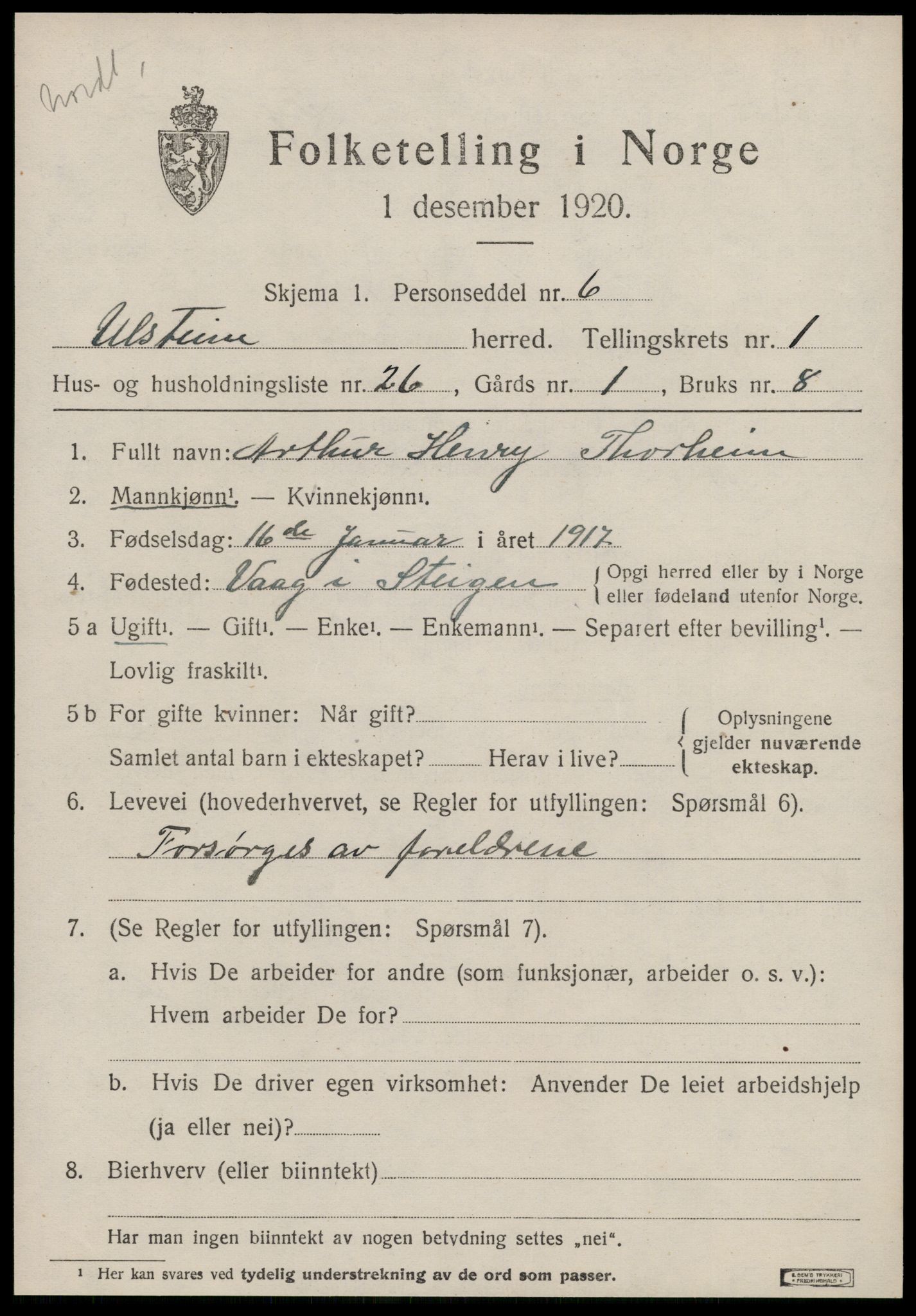 SAT, 1920 census for Ulstein, 1920, p. 1116