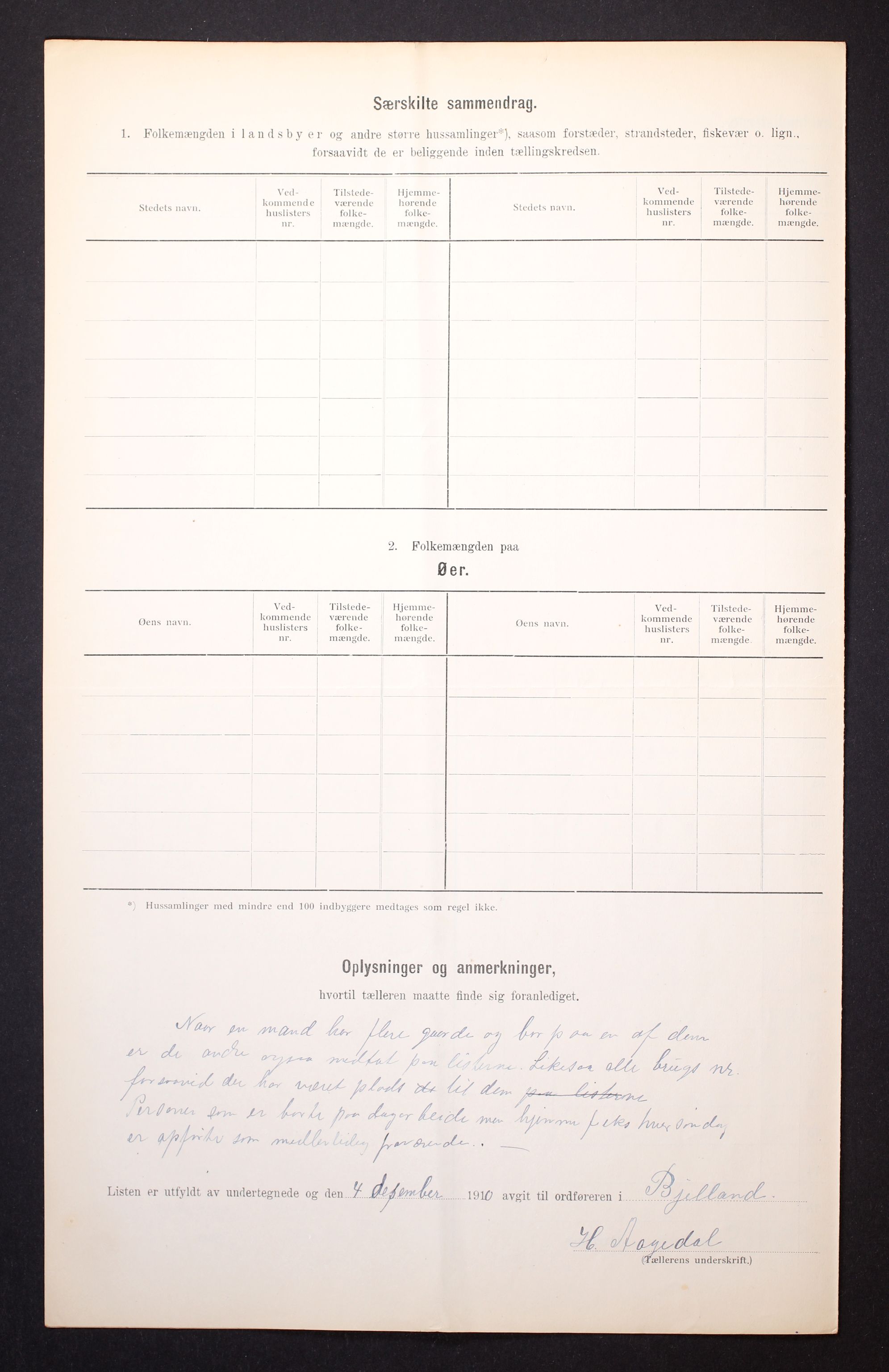 RA, 1910 census for Bjelland, 1910, p. 12