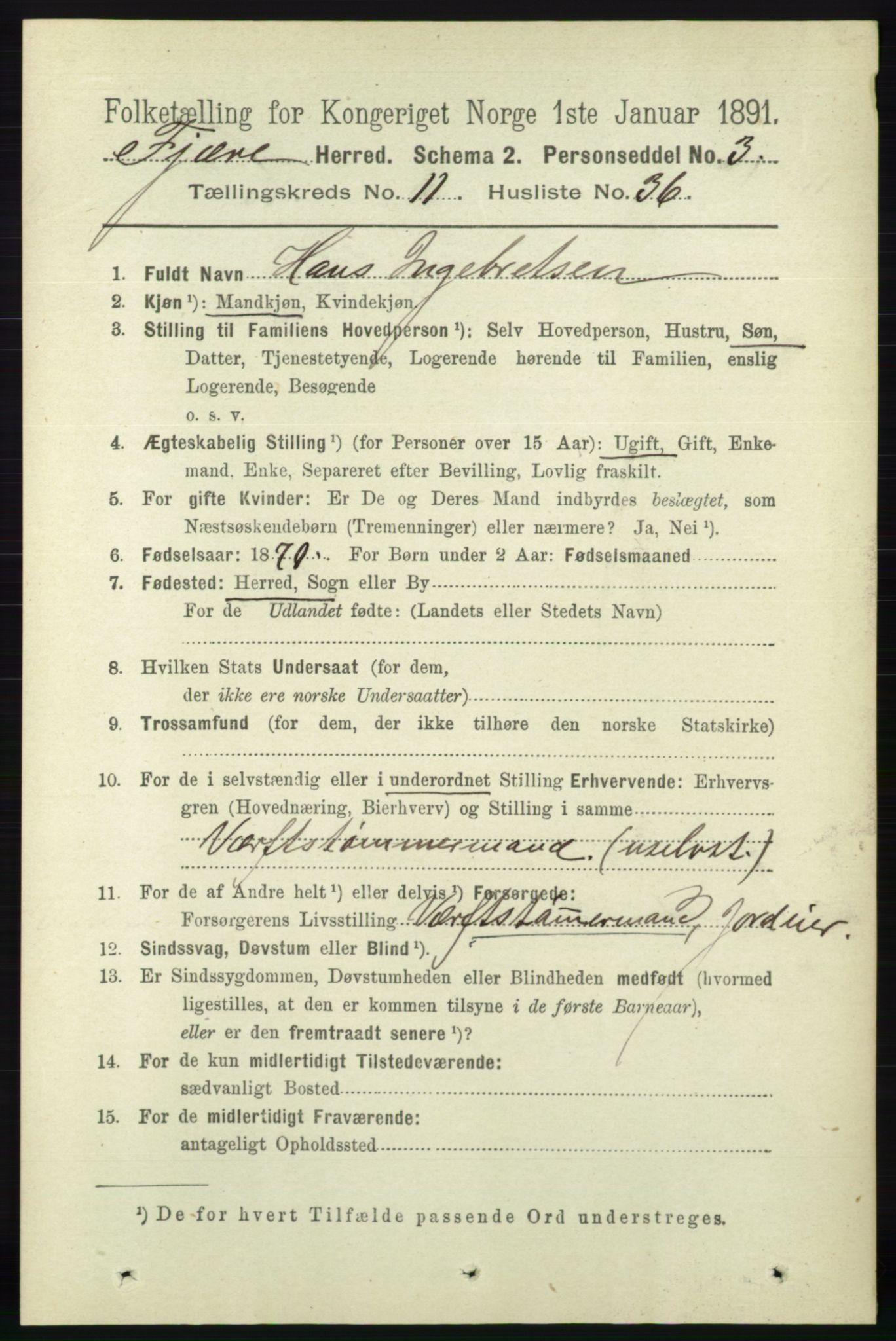 RA, 1891 census for 0923 Fjære, 1891, p. 5746