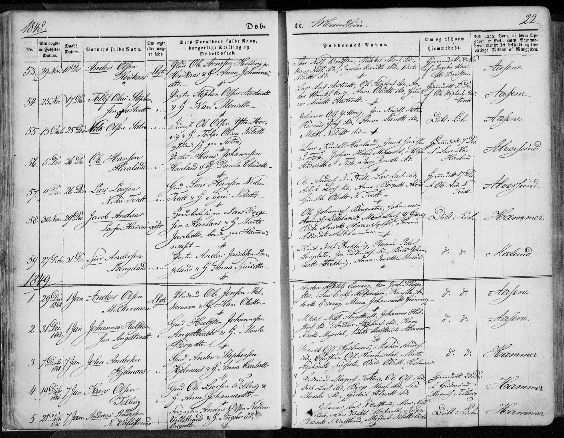 Hamre sokneprestembete, AV/SAB-A-75501/H/Ha/Haa/Haaa/L0013: Parish register (official) no. A 13, 1846-1857, p. 22