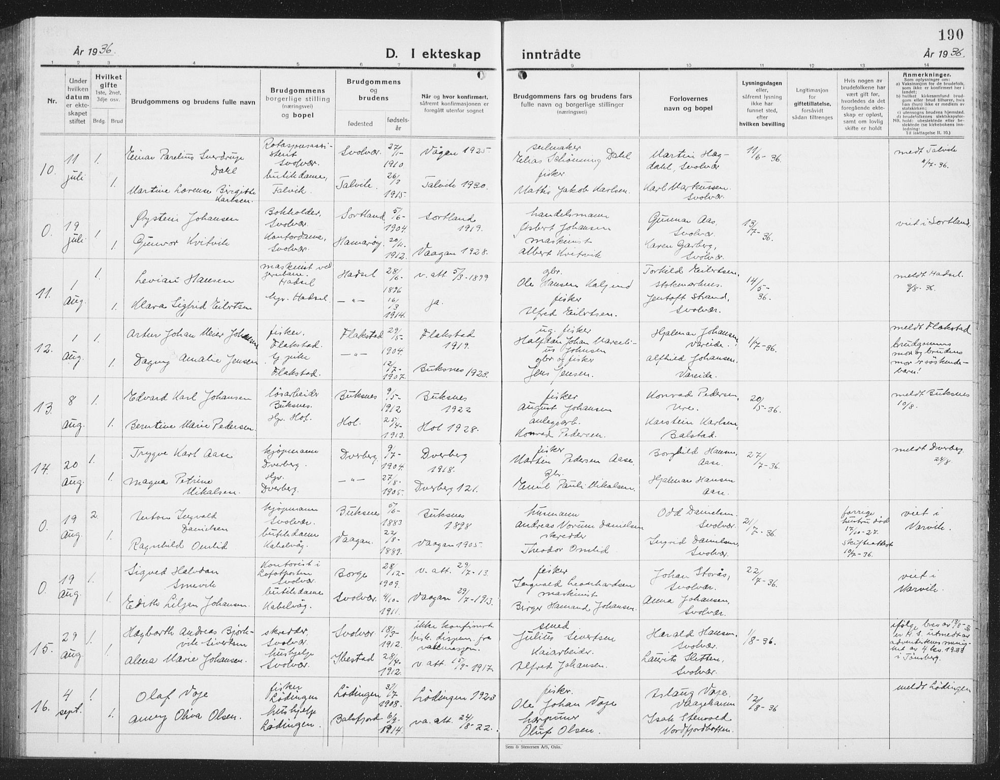 Ministerialprotokoller, klokkerbøker og fødselsregistre - Nordland, AV/SAT-A-1459/877/L1117: Parish register (copy) no. 877C01, 1923-1942, p. 190