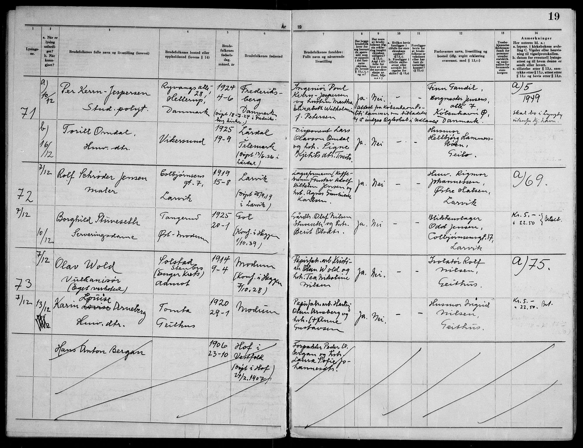 Modum kirkebøker, SAKO/A-234/H/Ha/L0005: Banns register no. I 5, 1949-1953, p. 19