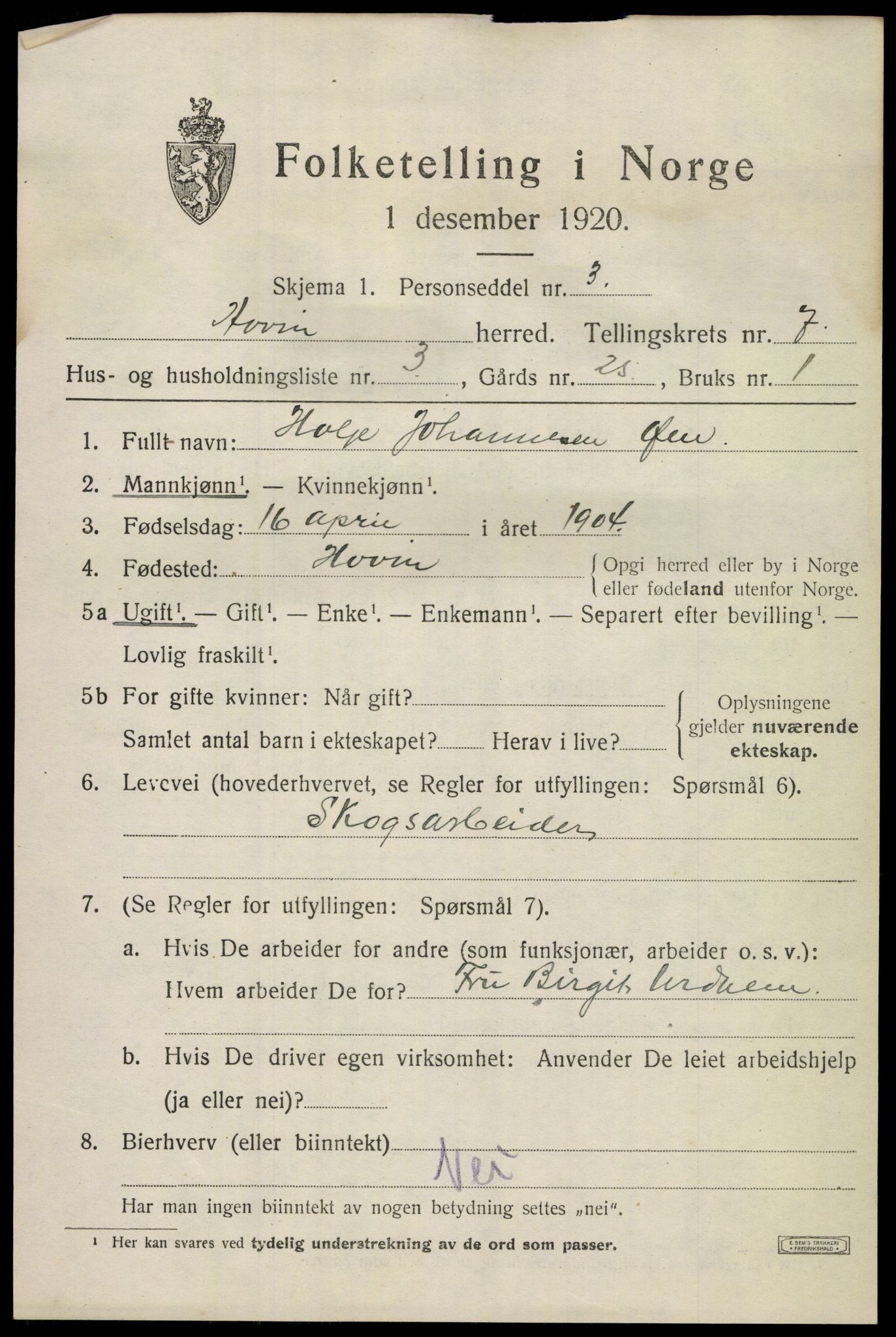 SAKO, 1920 census for Hovin, 1920, p. 1721