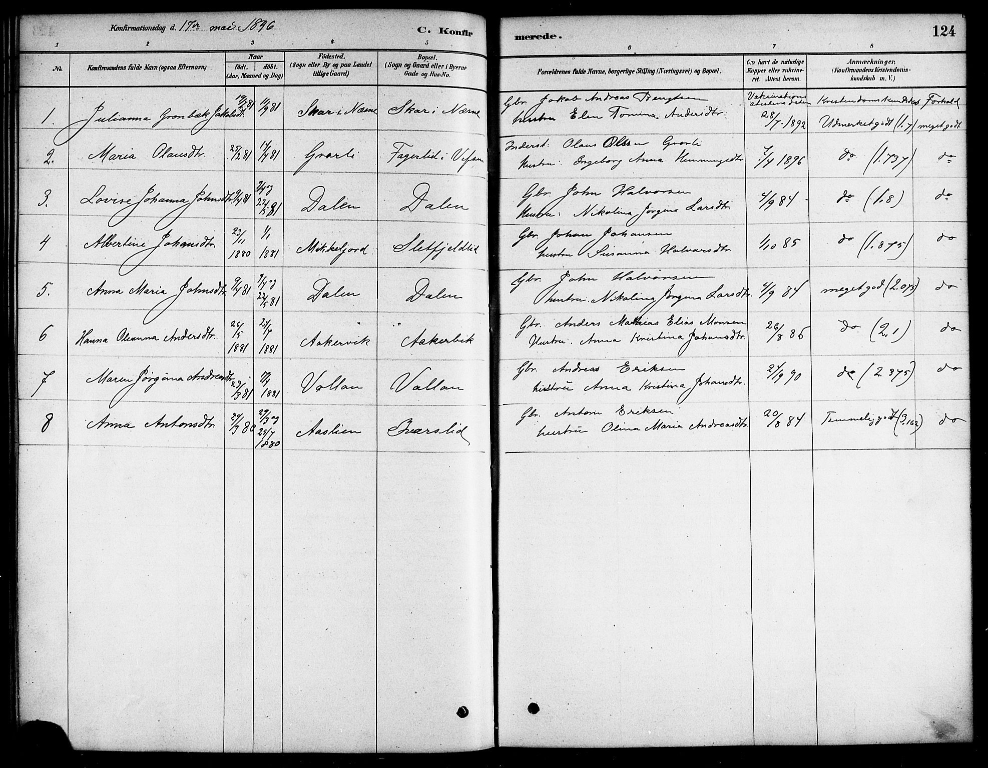 Ministerialprotokoller, klokkerbøker og fødselsregistre - Nordland, AV/SAT-A-1459/823/L0330: Parish register (copy) no. 823C02, 1879-1916, p. 124