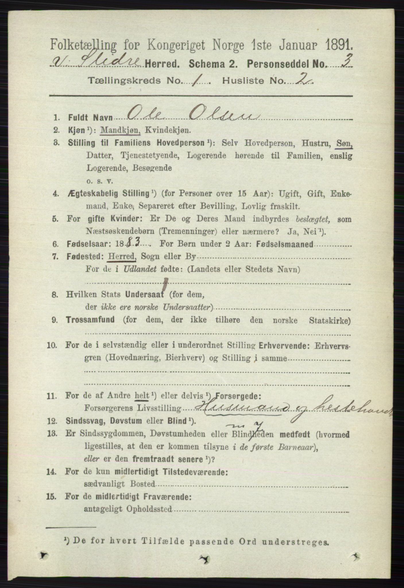 RA, 1891 census for 0543 Vestre Slidre, 1891, p. 104