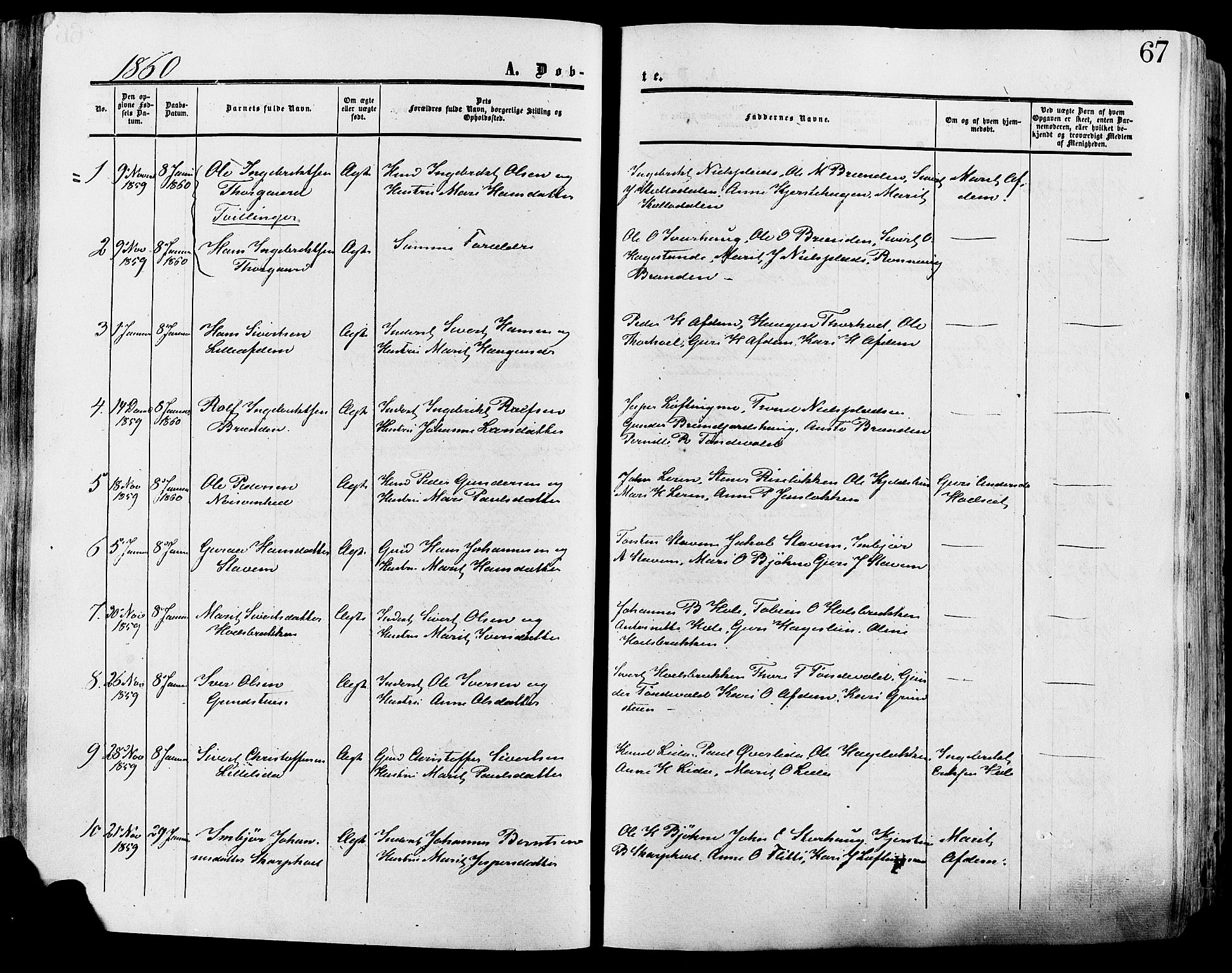 Lesja prestekontor, SAH/PREST-068/H/Ha/Haa/L0008: Parish register (official) no. 8, 1854-1880, p. 67