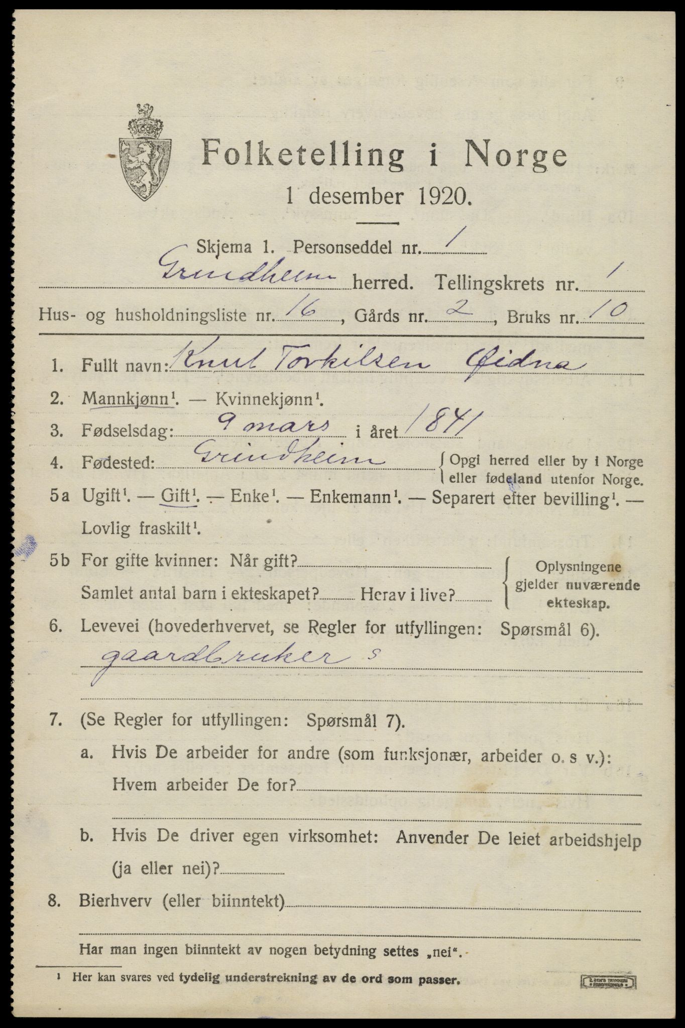 SAK, 1920 census for Grindheim, 1920, p. 557