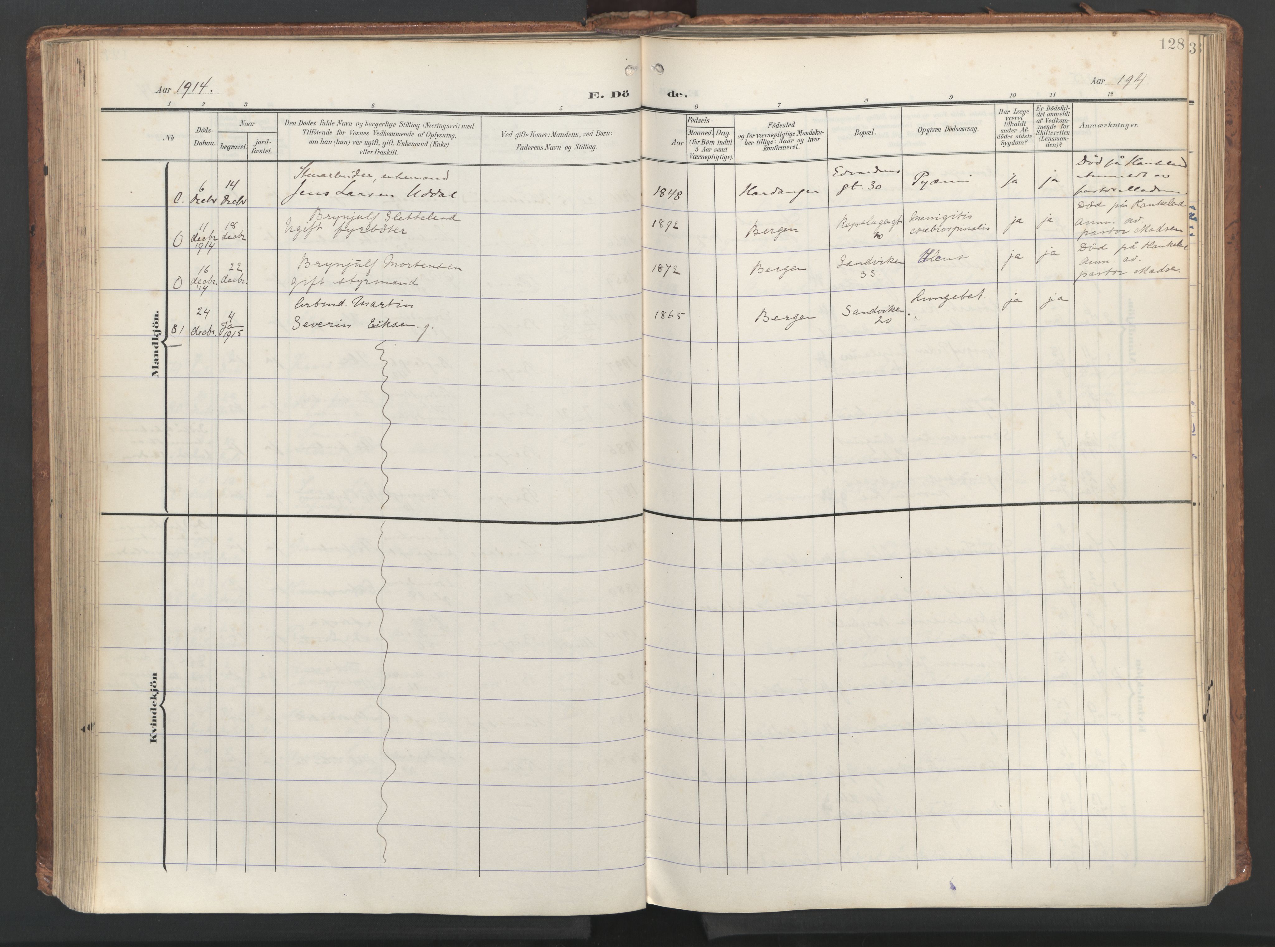 Sandviken Sokneprestembete, AV/SAB-A-77601/H/Ha/L0019: Parish register (official) no. E 2, 1905-1933, p. 128