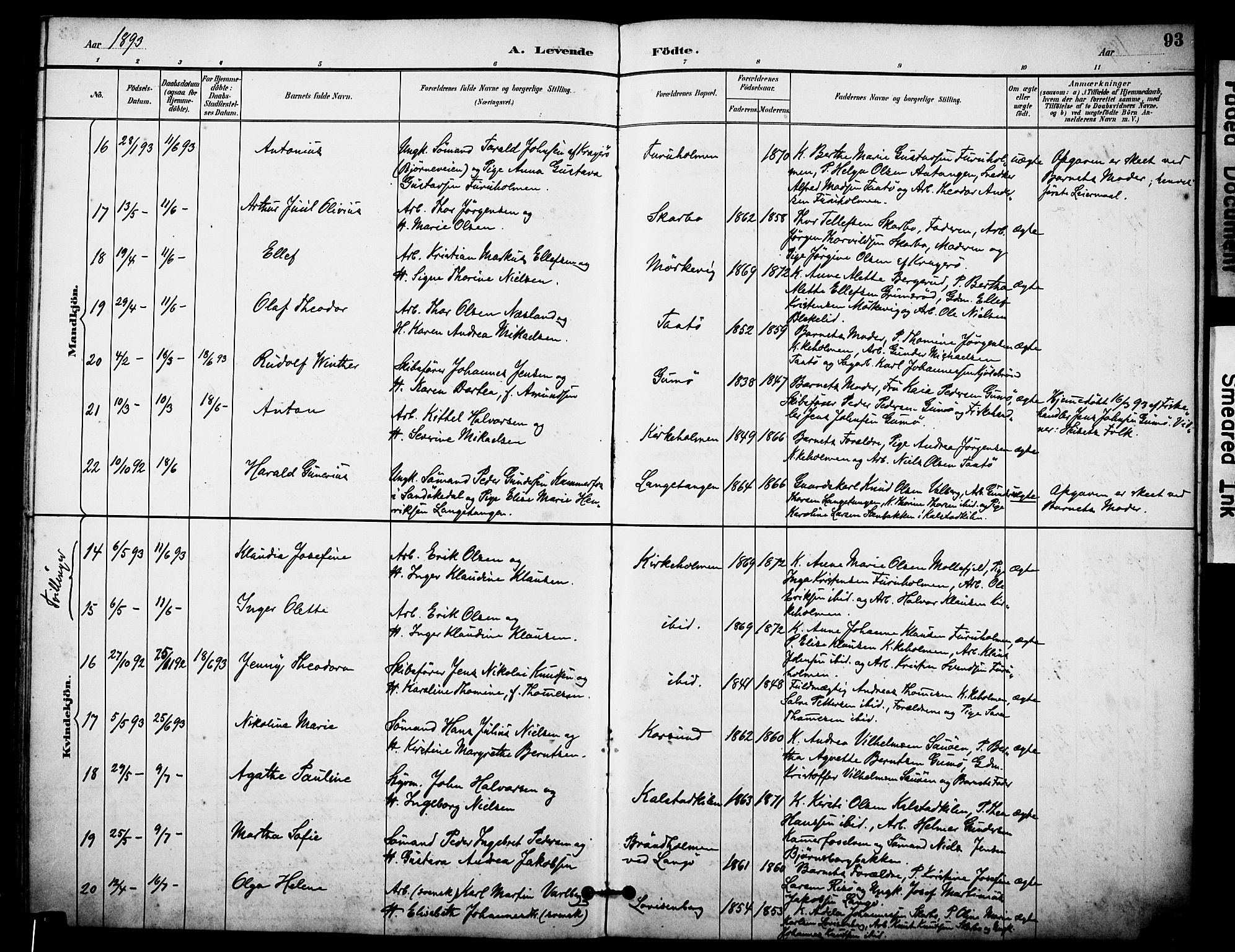 Skåtøy kirkebøker, AV/SAKO-A-304/F/Fa/L0002: Parish register (official) no. I 2, 1884-1899, p. 93