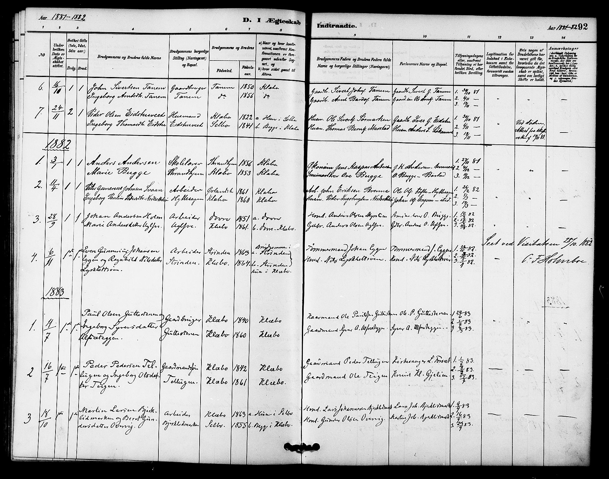 Ministerialprotokoller, klokkerbøker og fødselsregistre - Sør-Trøndelag, SAT/A-1456/618/L0444: Parish register (official) no. 618A07, 1880-1898, p. 92
