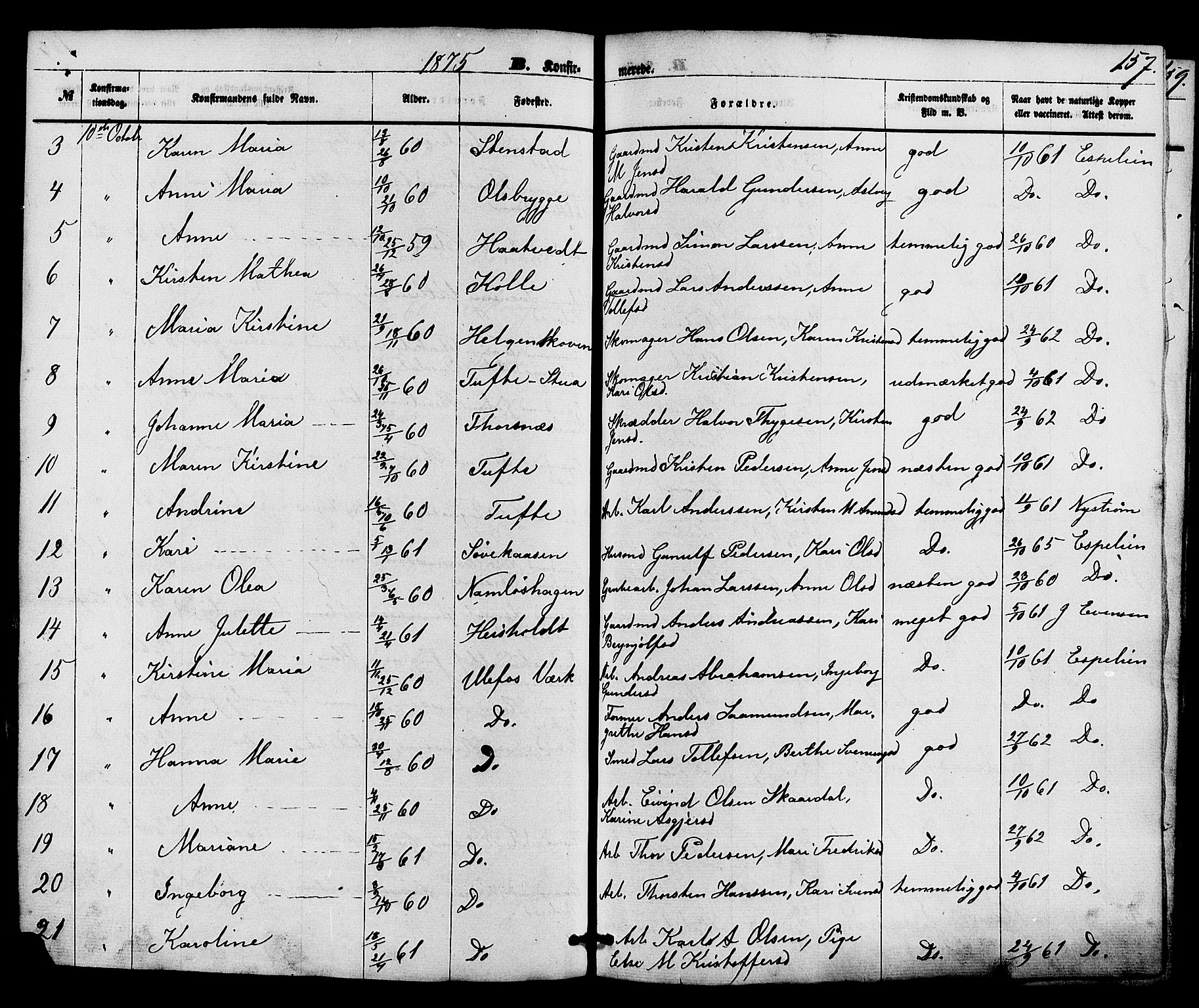 Holla kirkebøker, AV/SAKO-A-272/F/Fa/L0007: Parish register (official) no. 7, 1869-1881, p. 157