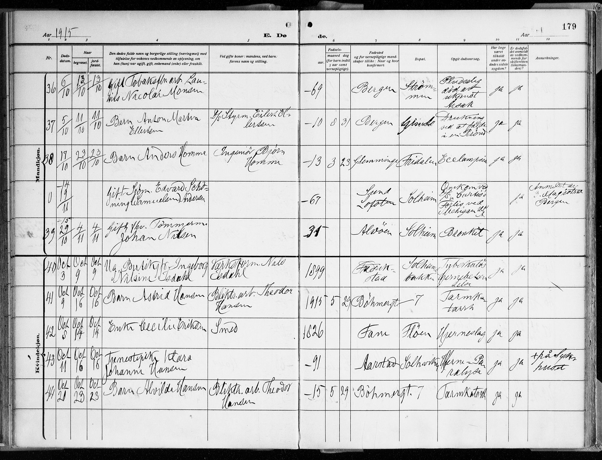 Årstad Sokneprestembete, AV/SAB-A-79301/H/Haa/L0003: Parish register (official) no. A 3, 1914-1919, p. 179