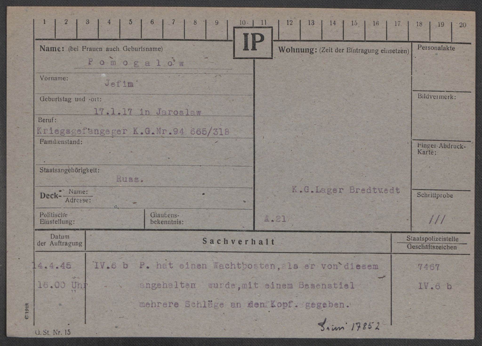 Befehlshaber der Sicherheitspolizei und des SD, AV/RA-RAFA-5969/E/Ea/Eaa/L0008: Register over norske fanger i Møllergata 19: Oelze-Ru, 1940-1945, p. 920