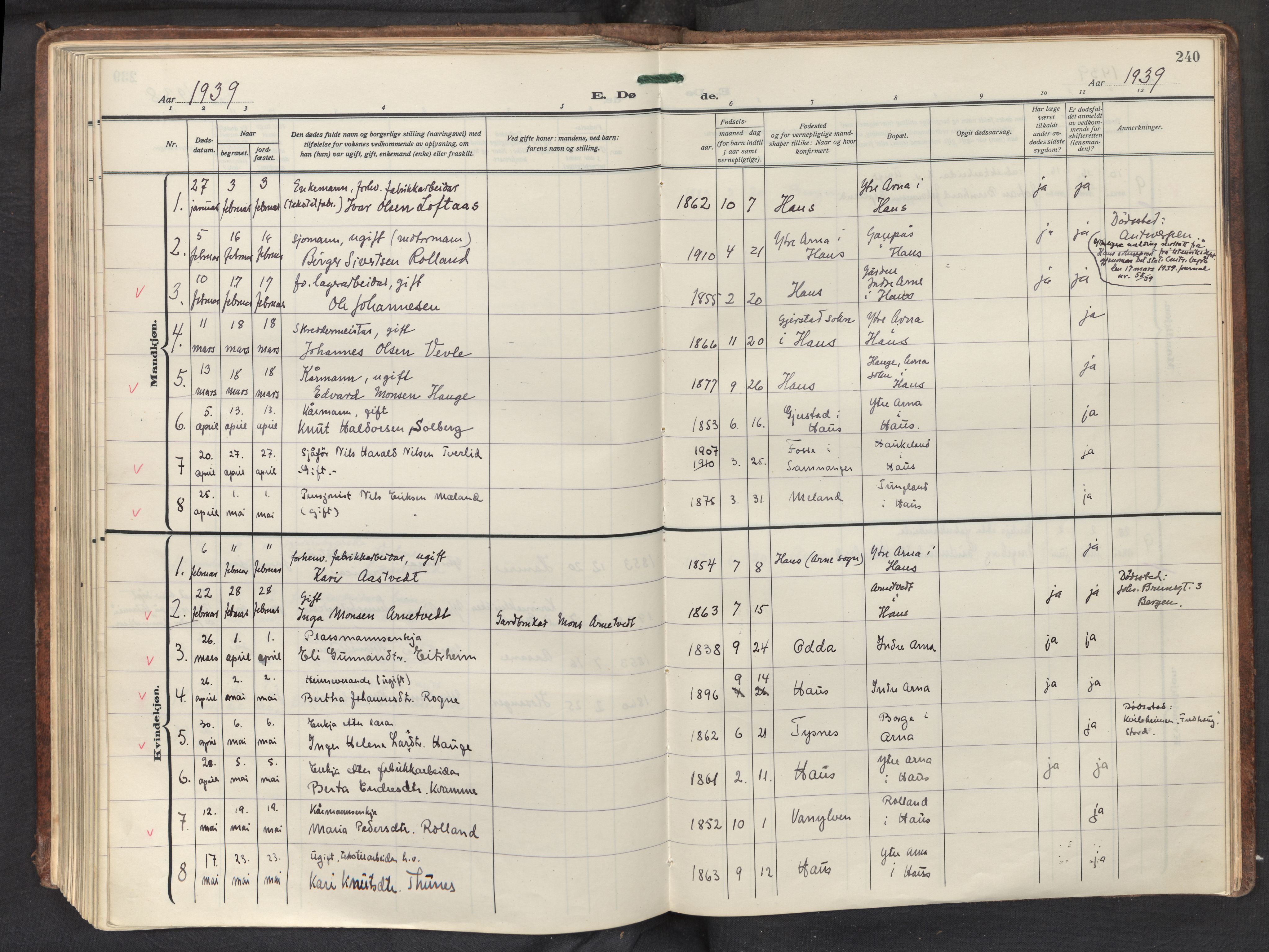 Haus sokneprestembete, AV/SAB-A-75601/H/Haa: Parish register (official) no. D 4, 1925-1939, p. 240