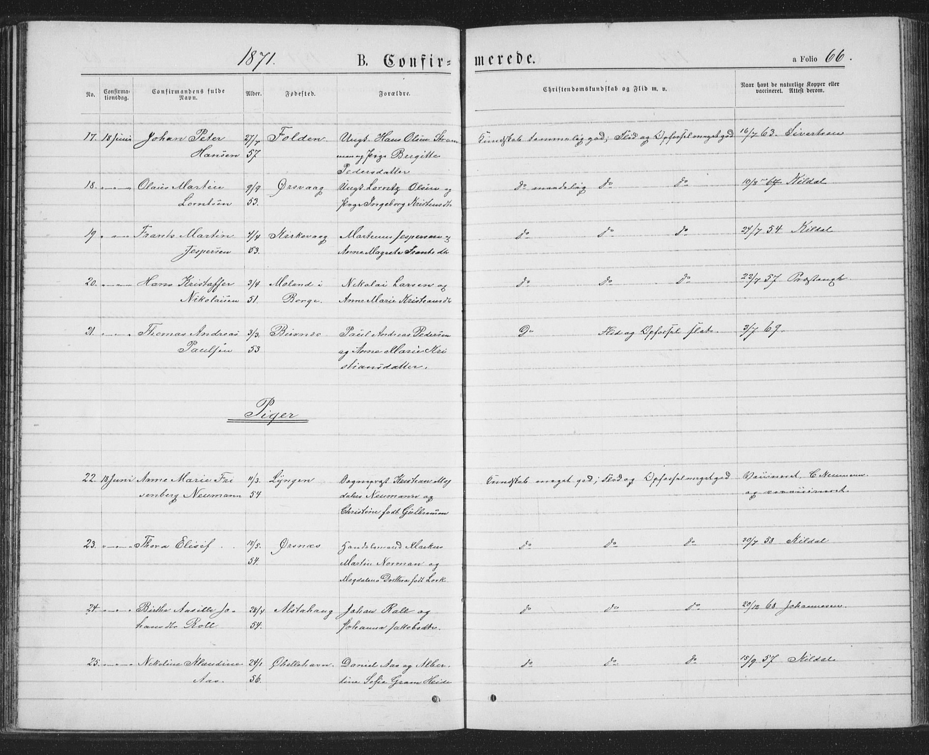 Ministerialprotokoller, klokkerbøker og fødselsregistre - Nordland, AV/SAT-A-1459/874/L1074: Parish register (copy) no. 874C03, 1870-1876, p. 66