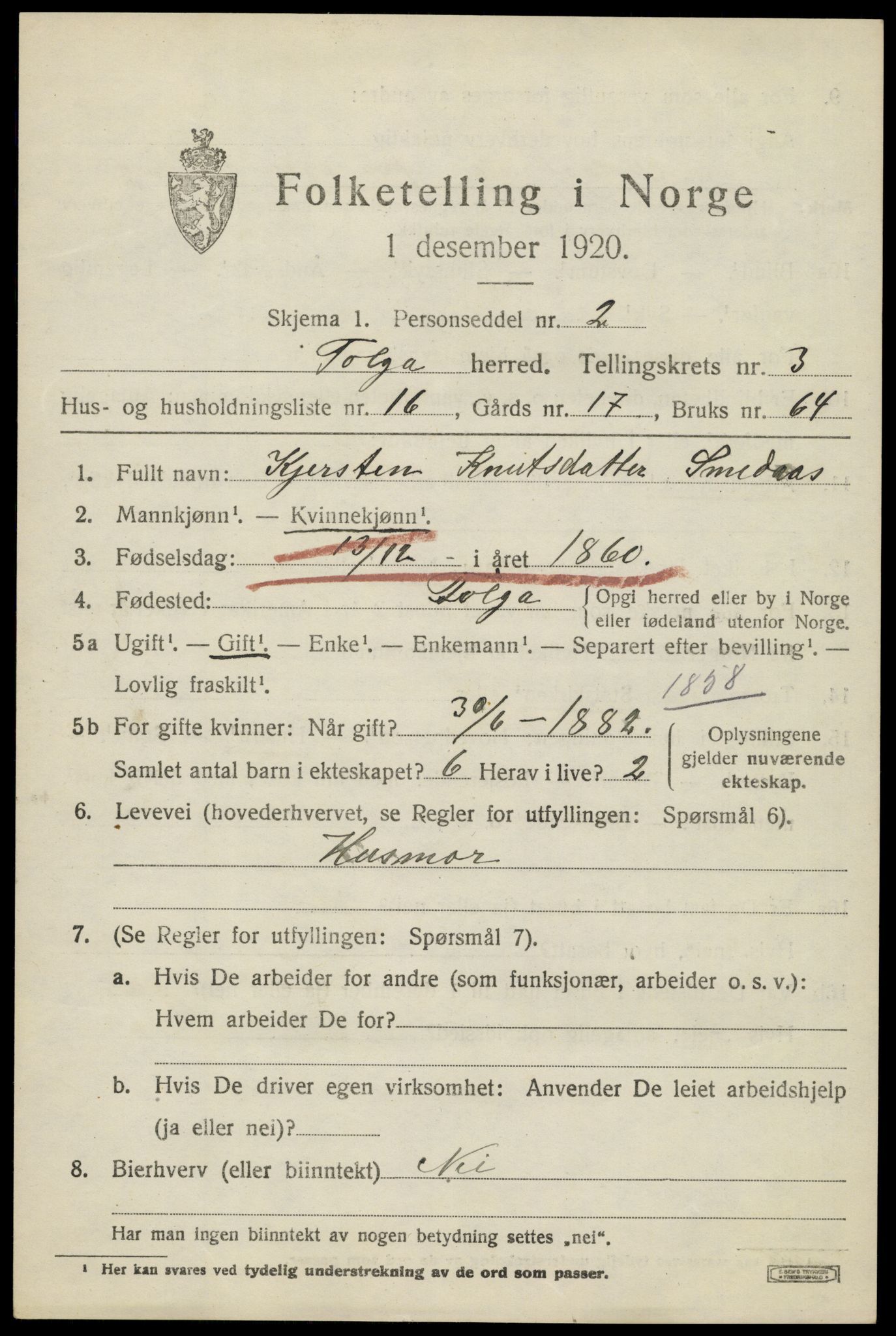 SAH, 1920 census for Tolga, 1920, p. 2377