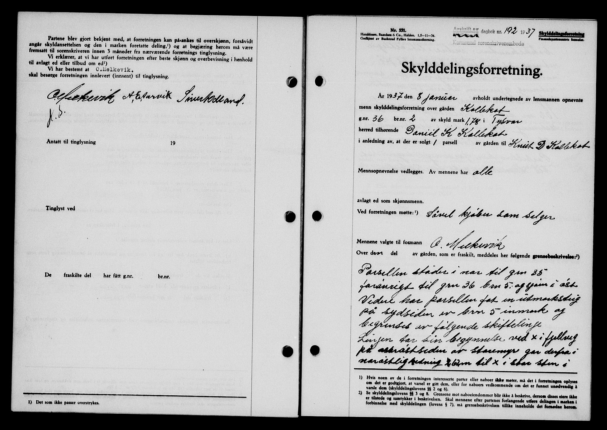 Karmsund sorenskriveri, AV/SAST-A-100311/01/II/IIB/L0067: Mortgage book no. 48A, 1936-1937, Diary no: : 192/1937