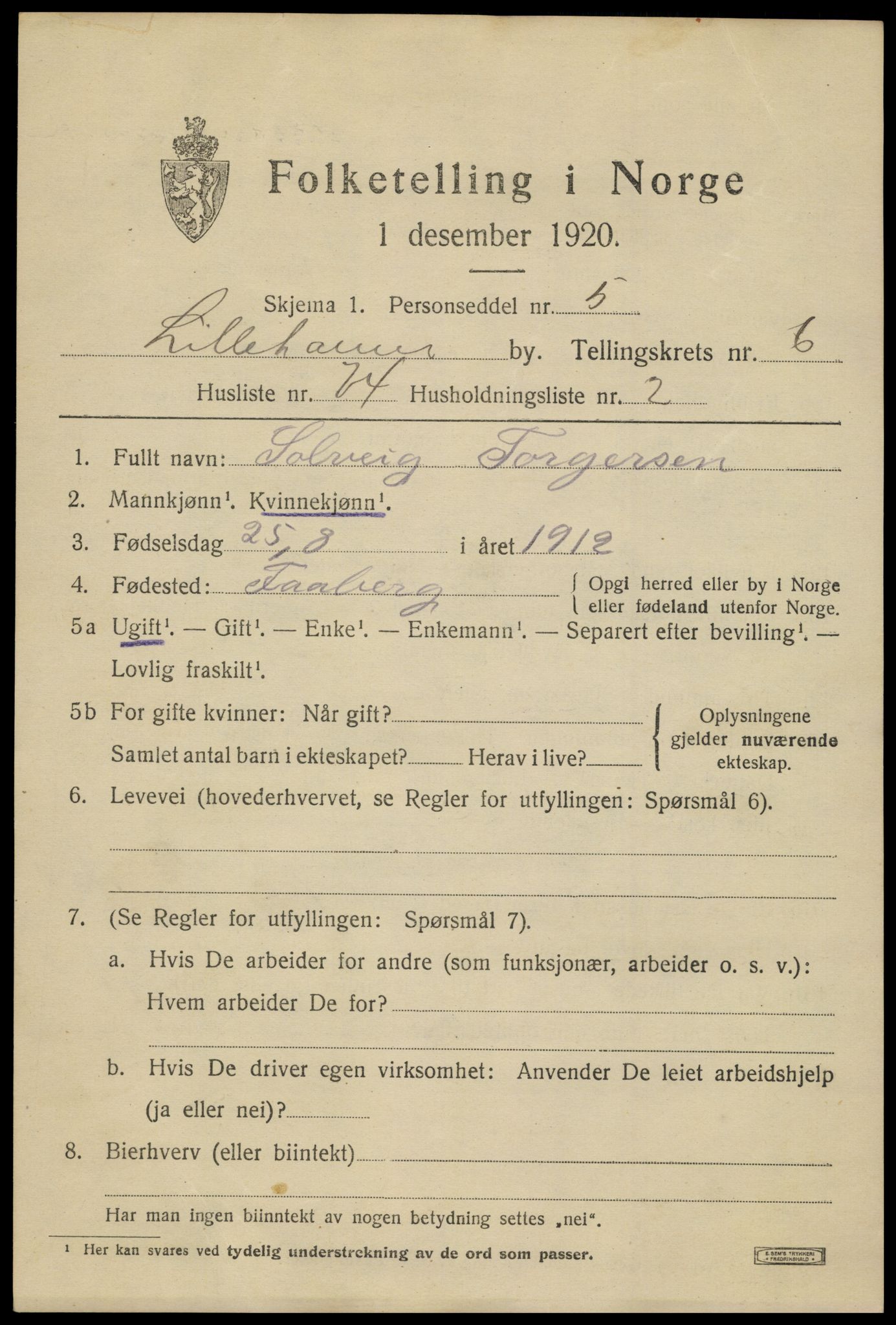 SAH, 1920 census for Lillehammer, 1920, p. 9404