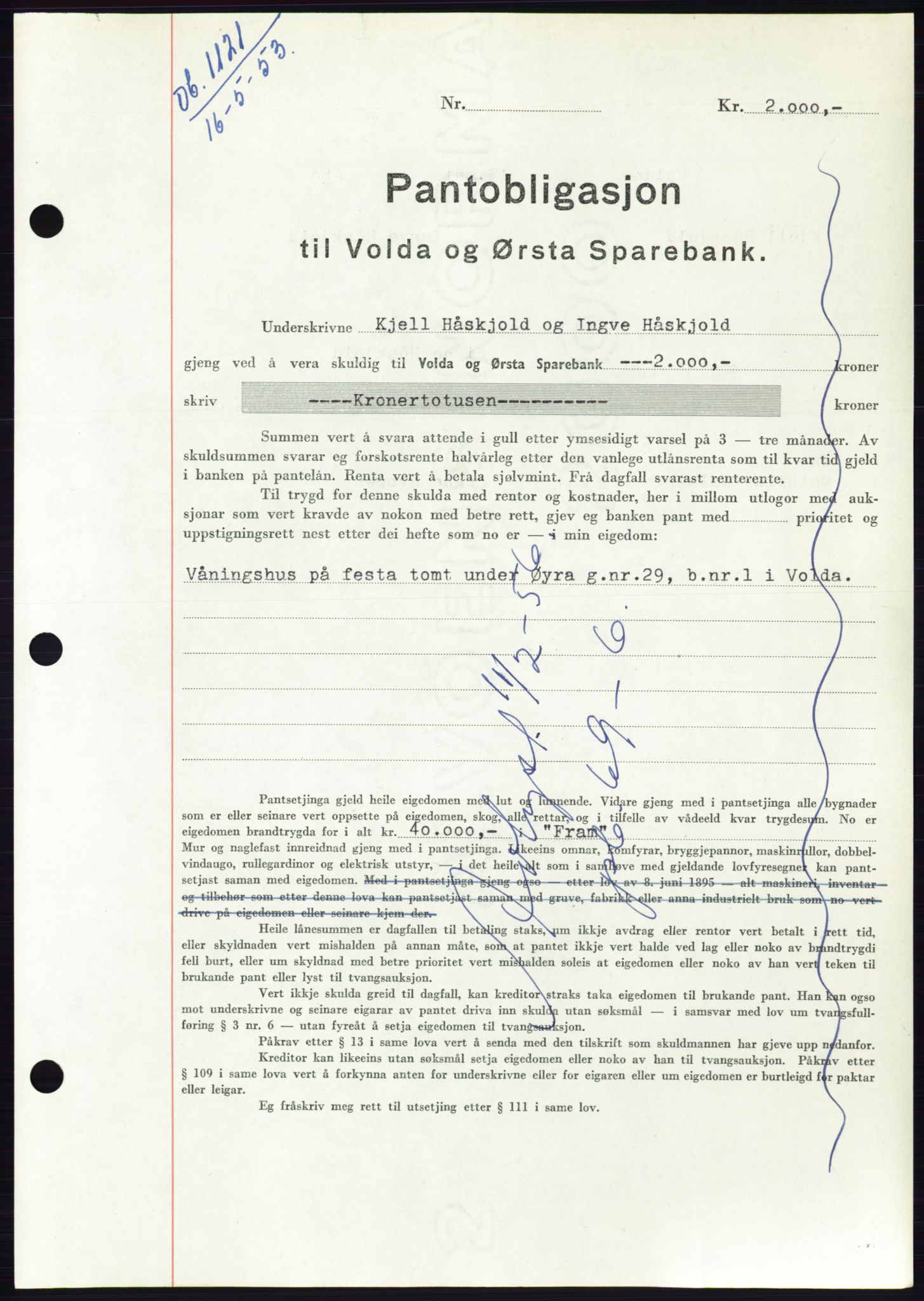 Søre Sunnmøre sorenskriveri, SAT/A-4122/1/2/2C/L0123: Mortgage book no. 11B, 1953-1953, Diary no: : 1121/1953