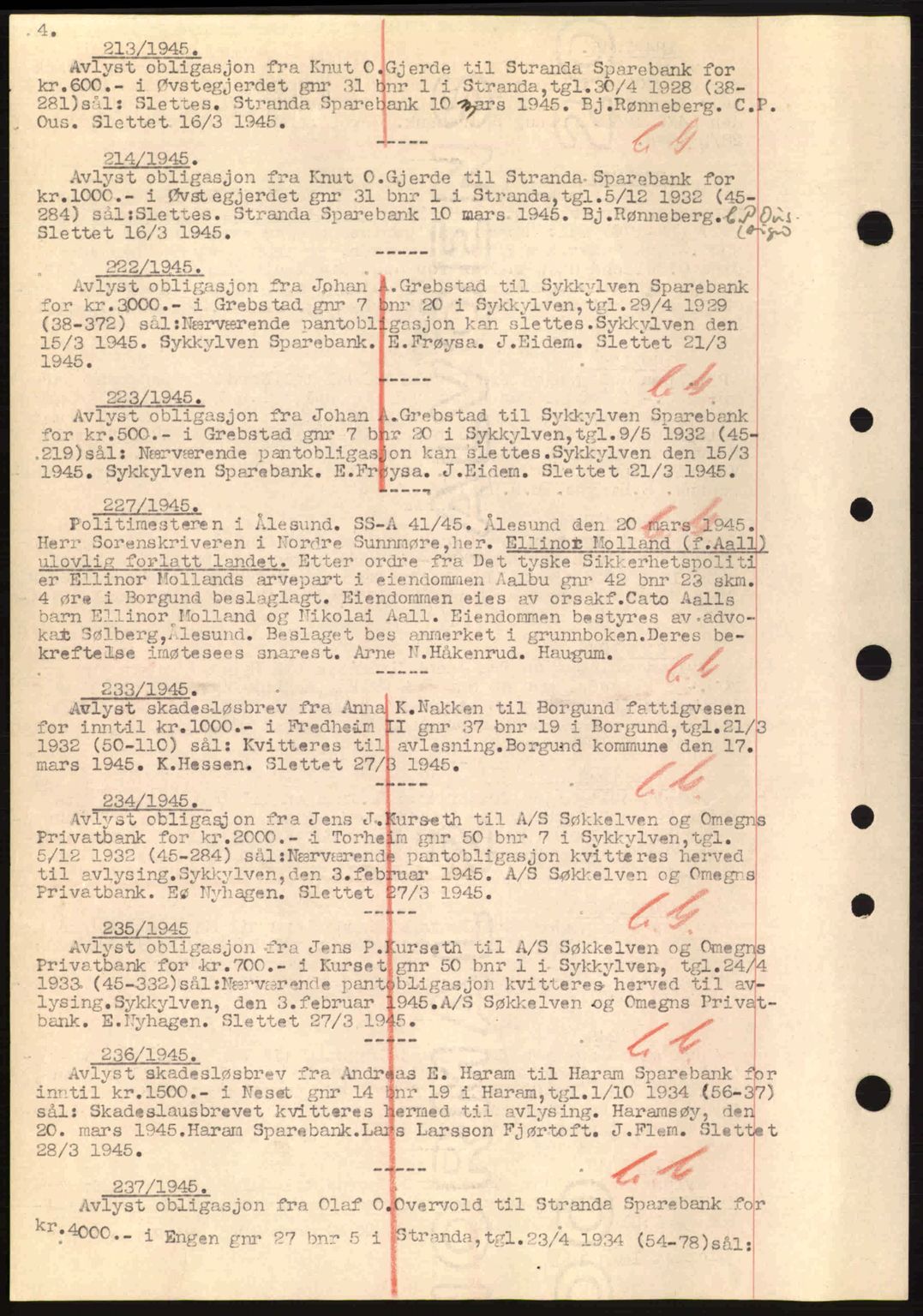 Nordre Sunnmøre sorenskriveri, SAT/A-0006/1/2/2C/2Ca: Mortgage book no. B6-14 a, 1942-1945, Diary no: : 213/1945