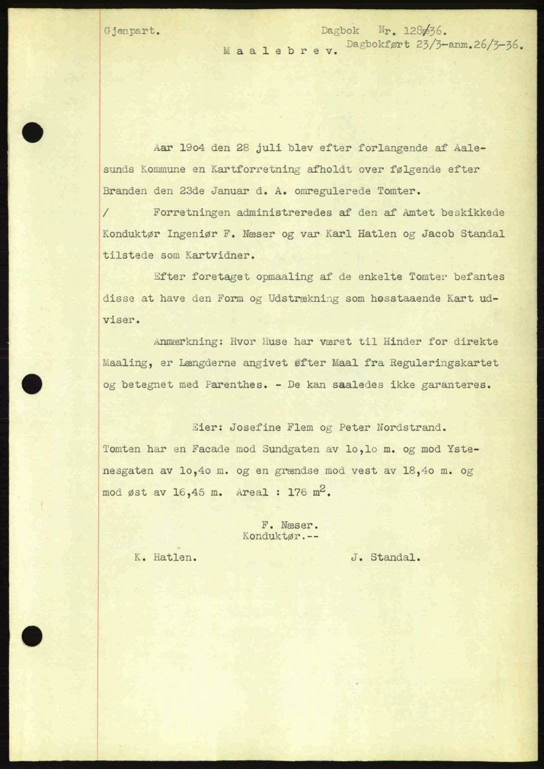 Ålesund byfogd, AV/SAT-A-4384: Mortgage book no. 34 I, 1936-1938, Diary no: : 128/1936
