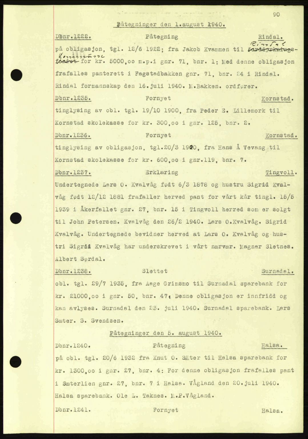 Nordmøre sorenskriveri, AV/SAT-A-4132/1/2/2Ca: Mortgage book no. C81, 1940-1945, Diary no: : 1222/1940