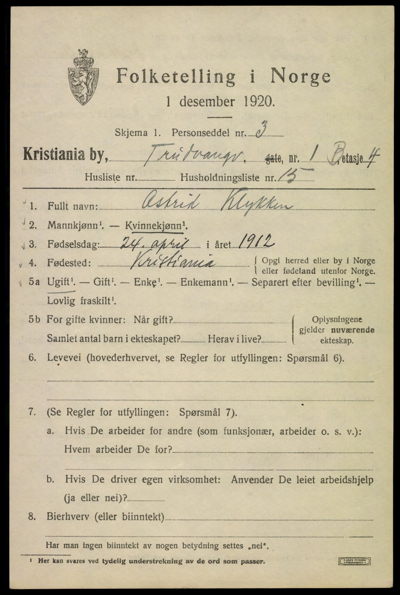 SAO, 1920 census for Kristiania, 1920, p. 603421