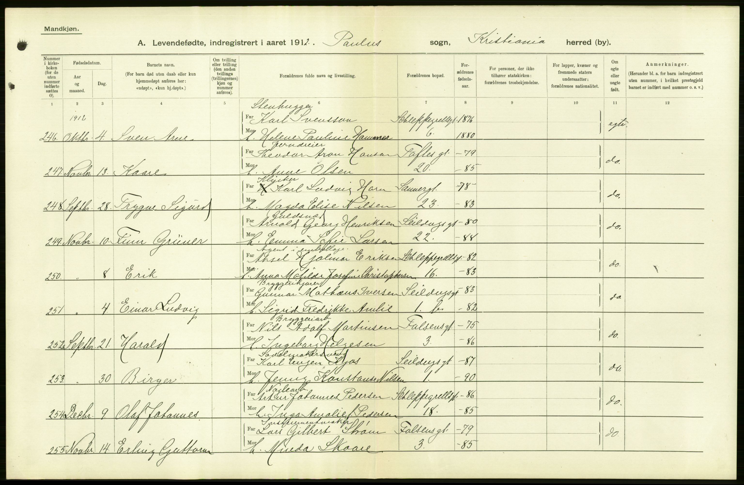 Statistisk sentralbyrå, Sosiodemografiske emner, Befolkning, RA/S-2228/D/Df/Dfb/Dfbb/L0006: Kristiania:  Levendefødte menn og kvinner., 1912, p. 156