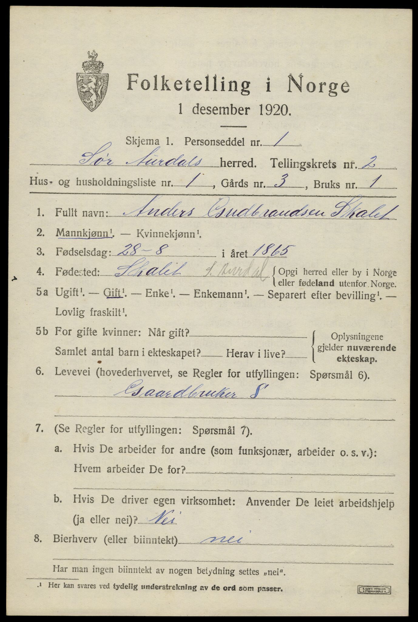 SAH, 1920 census for Sør-Aurdal, 1920, p. 1703