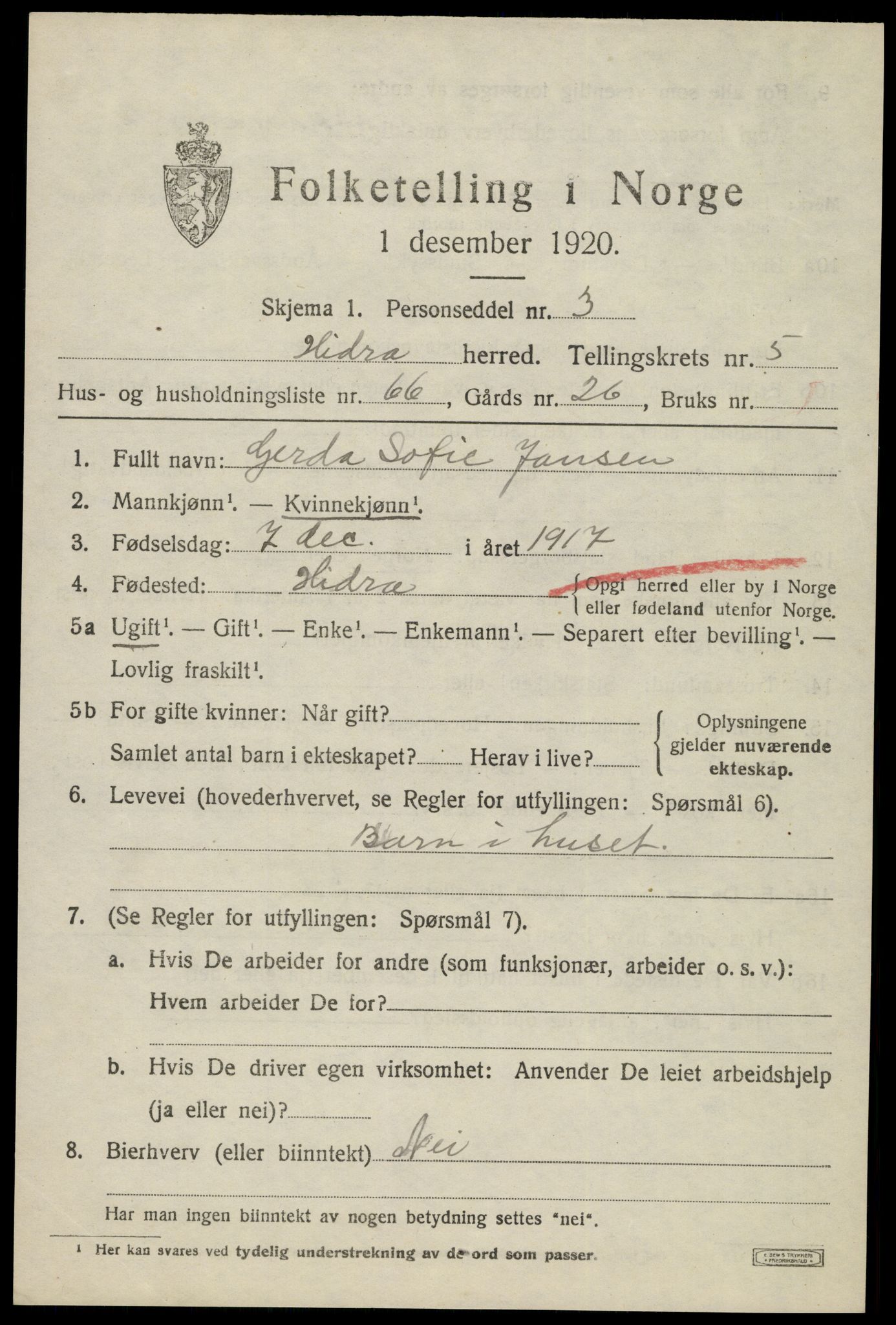 SAK, 1920 census for Hidra, 1920, p. 4084