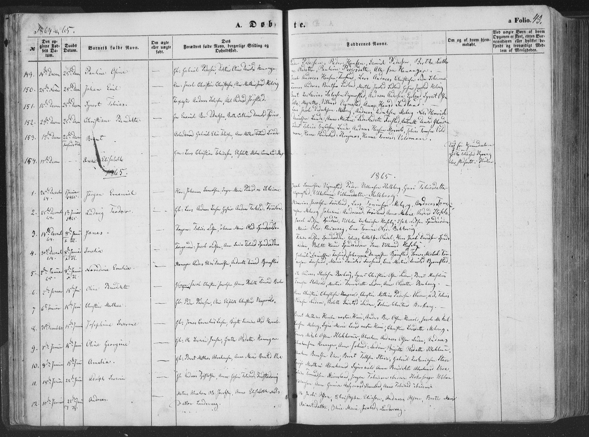 Lista sokneprestkontor, AV/SAK-1111-0027/F/Fa/L0011: Parish register (official) no. A 11, 1861-1878, p. 43